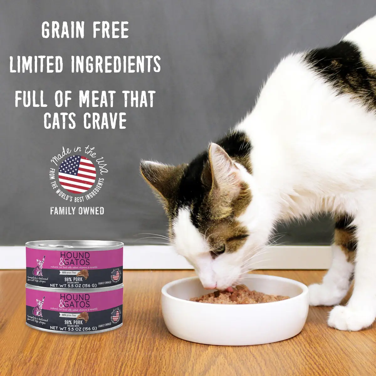 Hound & Gatos Pork Wet Cat Food 5.5 oz Can | 98% Real Meat, Grain-Free, Limited Ingredient for Sensitive Stomachs - view 2