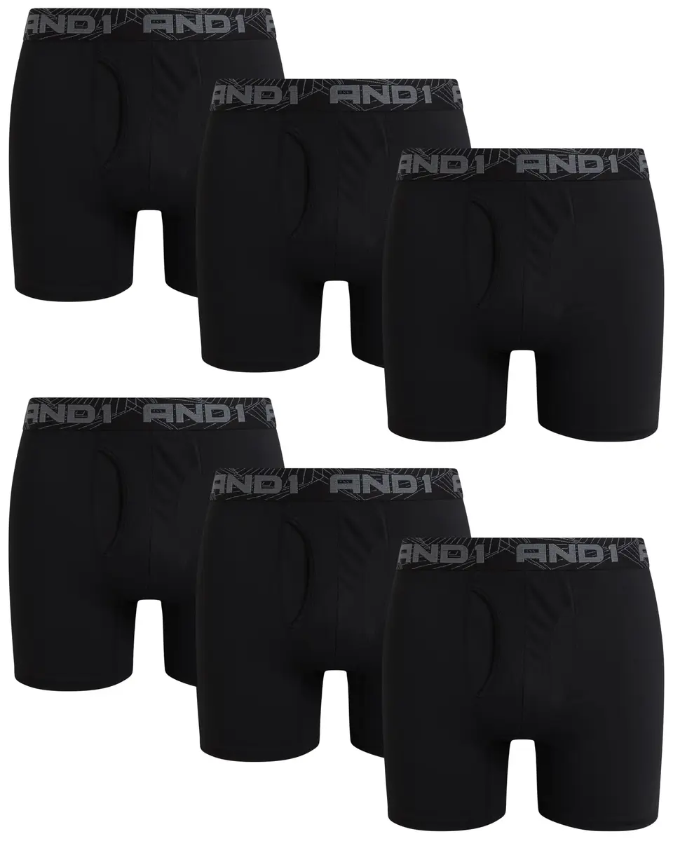 AND1 Mens Boxer Briefs 6 Pack | Moisture Wicking, Performance Fit, Black, 6" Inseam - main product image