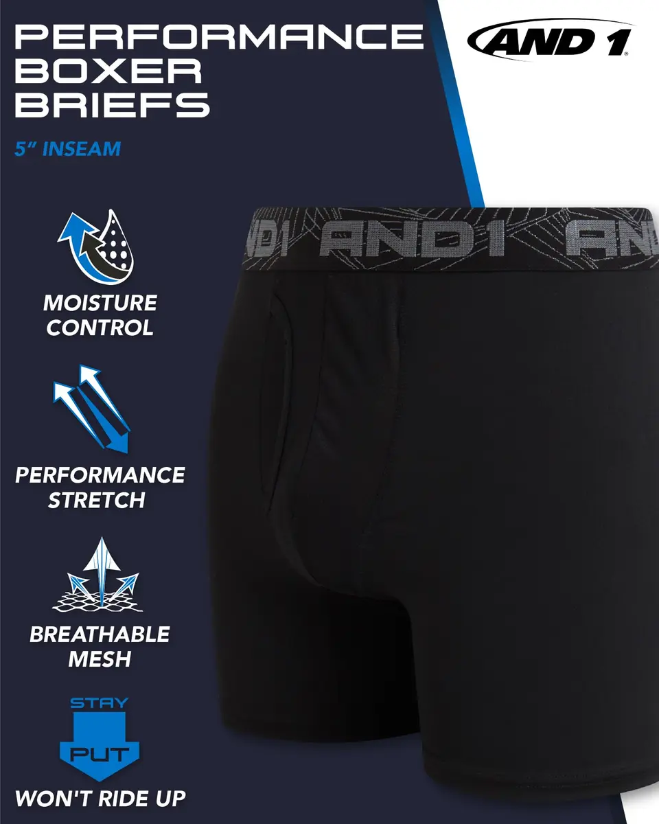 AND1 Mens Boxer Briefs - 6 Pack Platinum Performance with Fly Pouch | Moisture Wicking, 6" Inseam, Small, Black - view 3