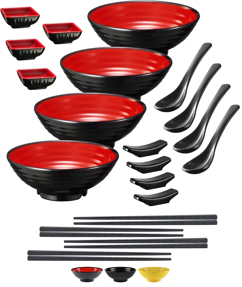 Practimondo 4 Noodle Bowls Set - large 32oz ramen bowl for authentic Asian cuisine with dipping bowls, spoons, chopsticks & stands - main product image