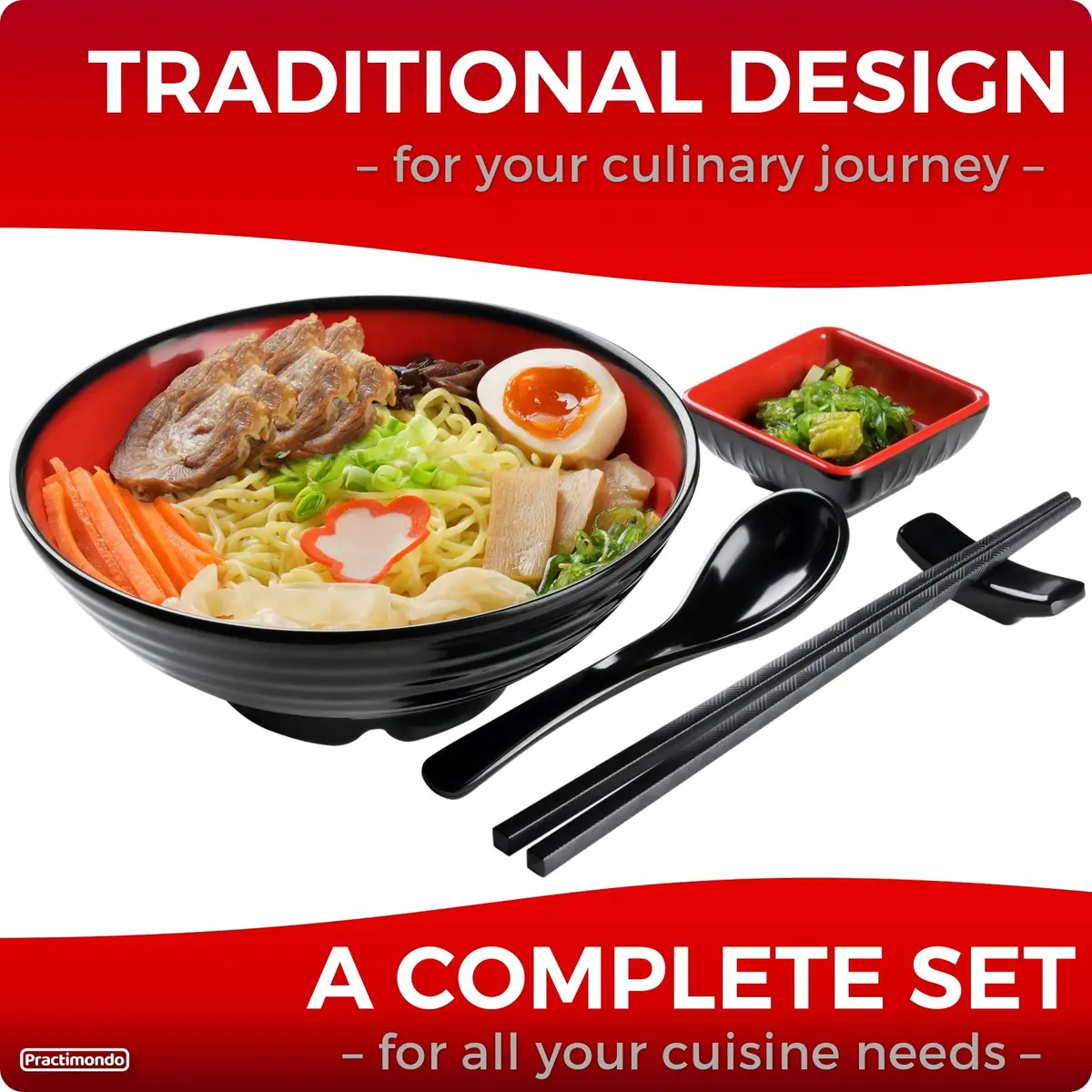 Practimondo 4 Noodle Bowls Set - large 32oz ramen bowl for authentic Asian cuisine with dipping bowls, spoons, chopsticks & stands - view 3