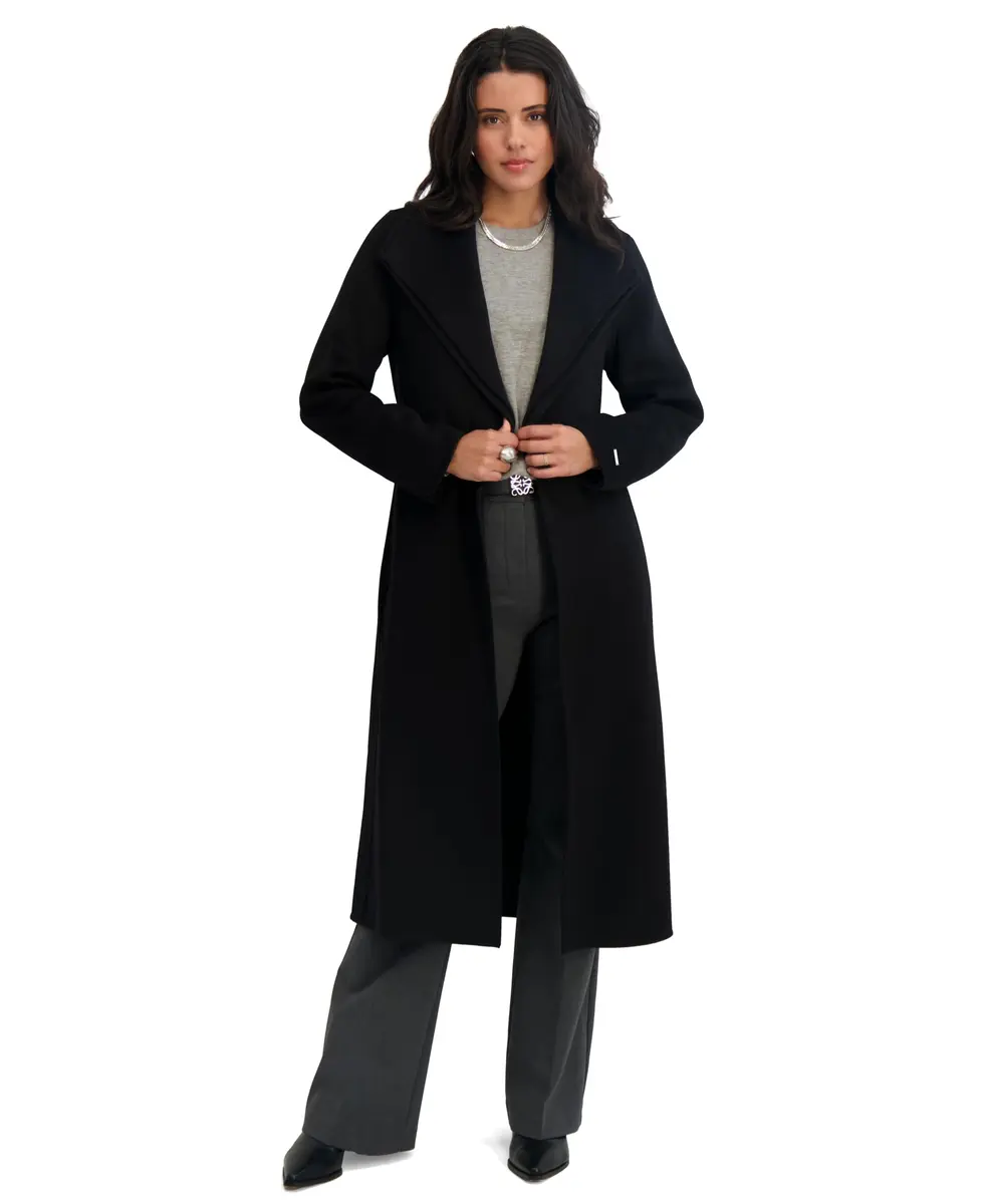 Tahari Women's Slim Fit Double-Faced Wool Blend Wrap Coat with Tie Belt – Long Wool Coat, Ink, Small - view 2
