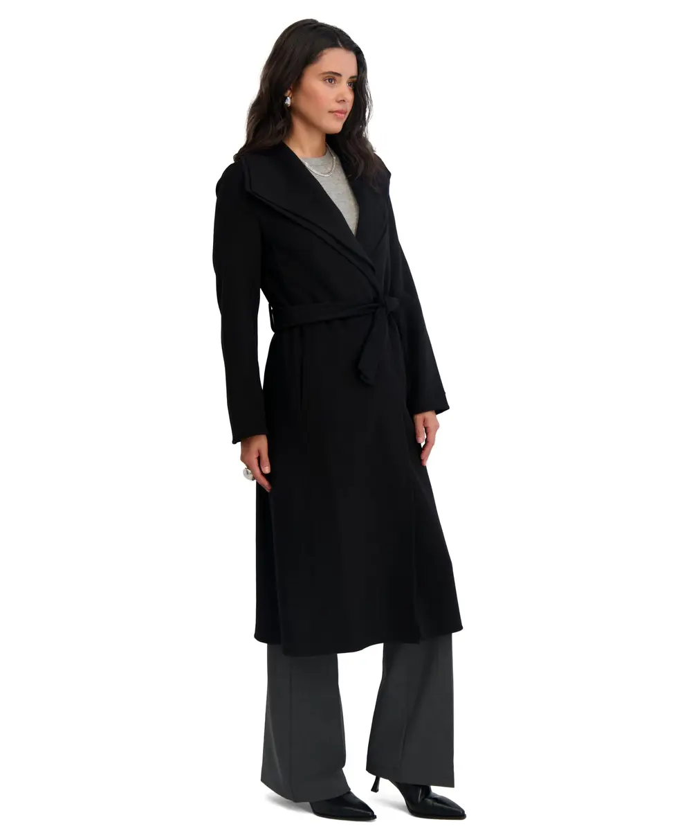 Tahari Women's Slim Fit Double-Faced Wool Blend Wrap Coat with Tie Belt – Long Wool Coat, Ink, Small - view 3