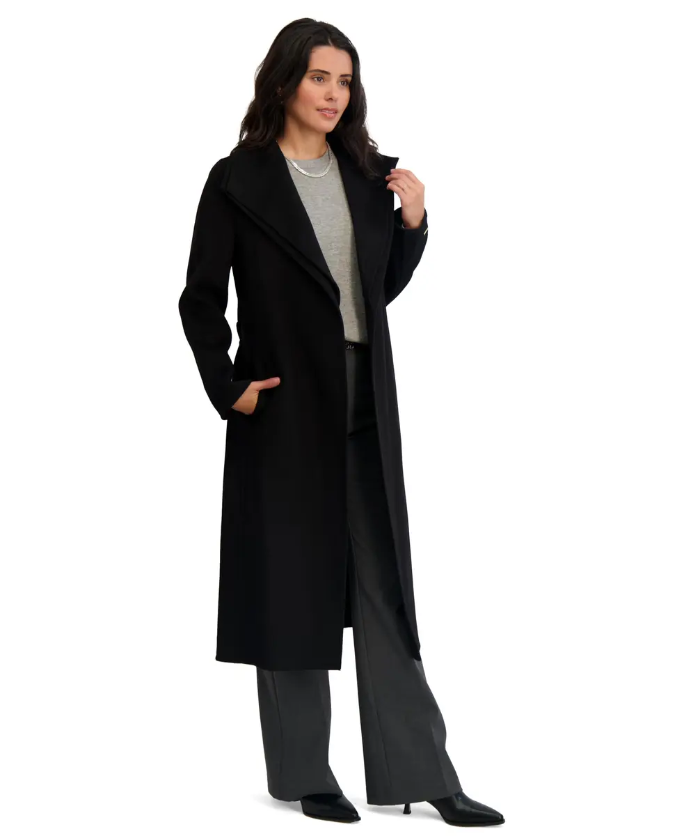 Tahari Women's Slim Fit Double-Faced Wool Blend Wrap Coat with Tie Belt – Long Wool Coat, Ink, Small - view 4