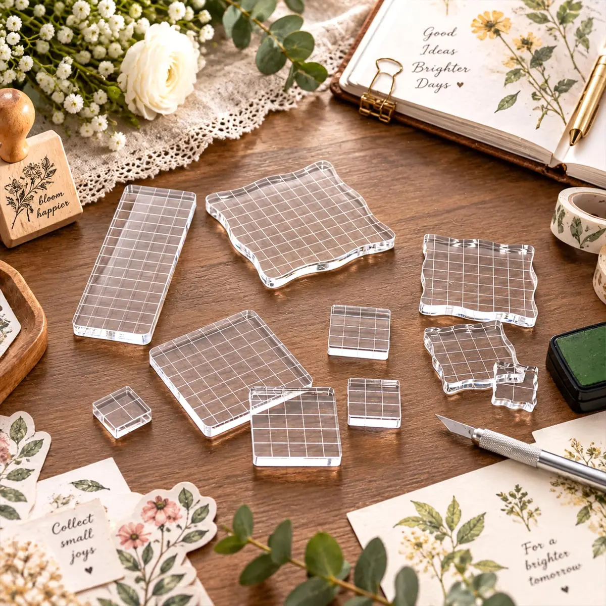 Suwimut 12 Pieces Acrylic Stamp Blocks with Grid Lines | Assorted Sizes for Crafting & Scrapbooking - view 6