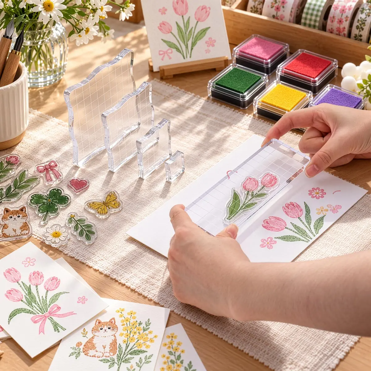 Suwimut 12 Pieces Acrylic Stamp Blocks with Grid Lines | Assorted Sizes for Crafting & Scrapbooking - view 7
