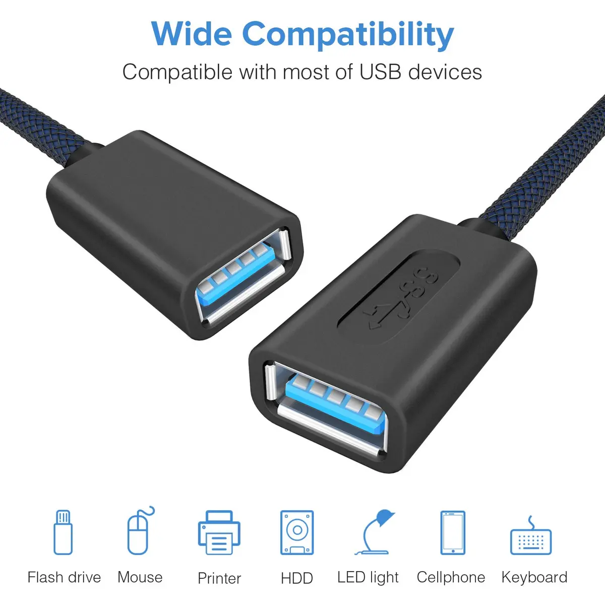 ANDTOBO USB 3.0 Female to Female Extension Cable 3.3Ft Navy | SuperSpeed Data Transfer - view 2