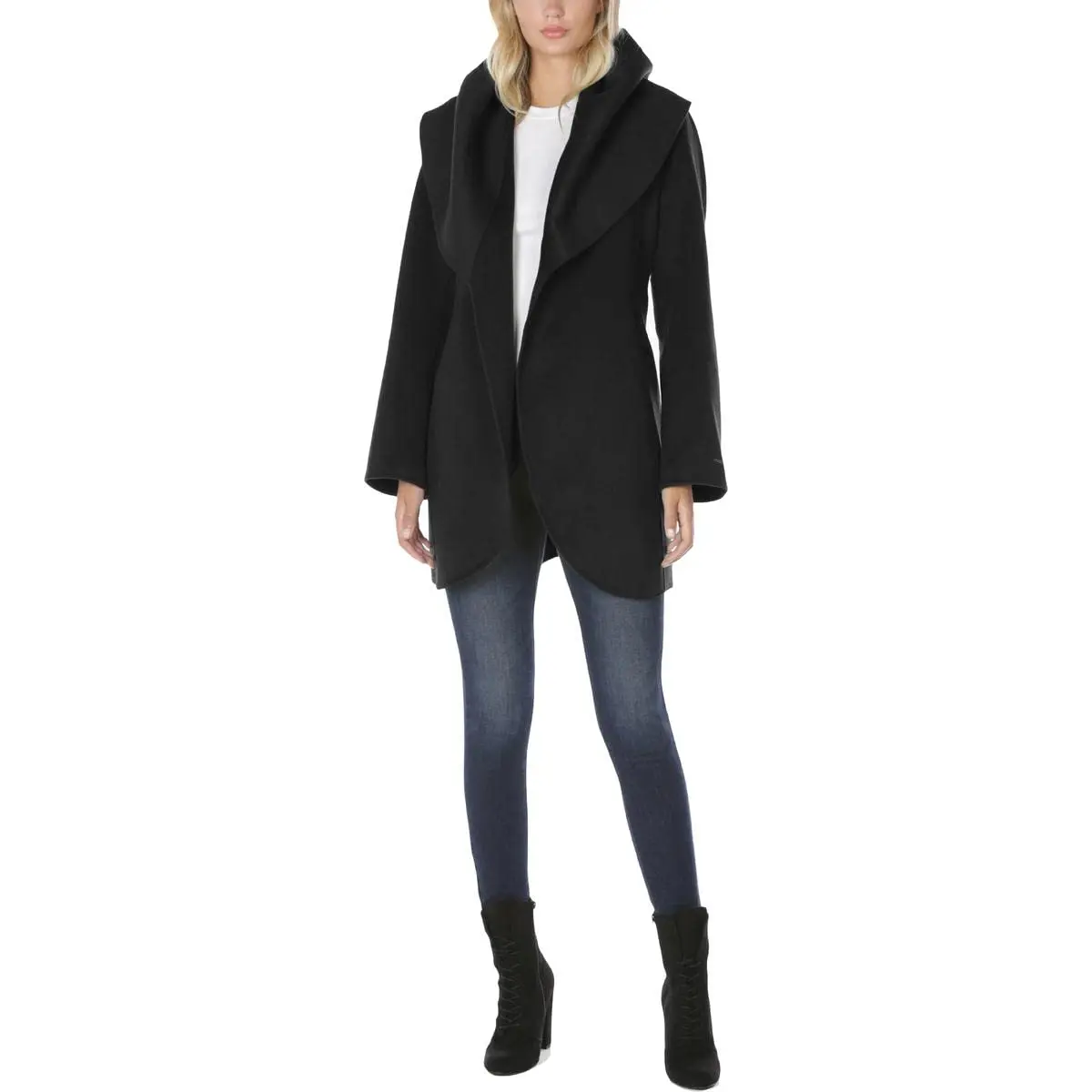 TAHARI Women's Double Face Wool Blend Wrap Coat With Oversized Collar Jacket, Black, Large US | Elegant, Warm & Versatile - main product image