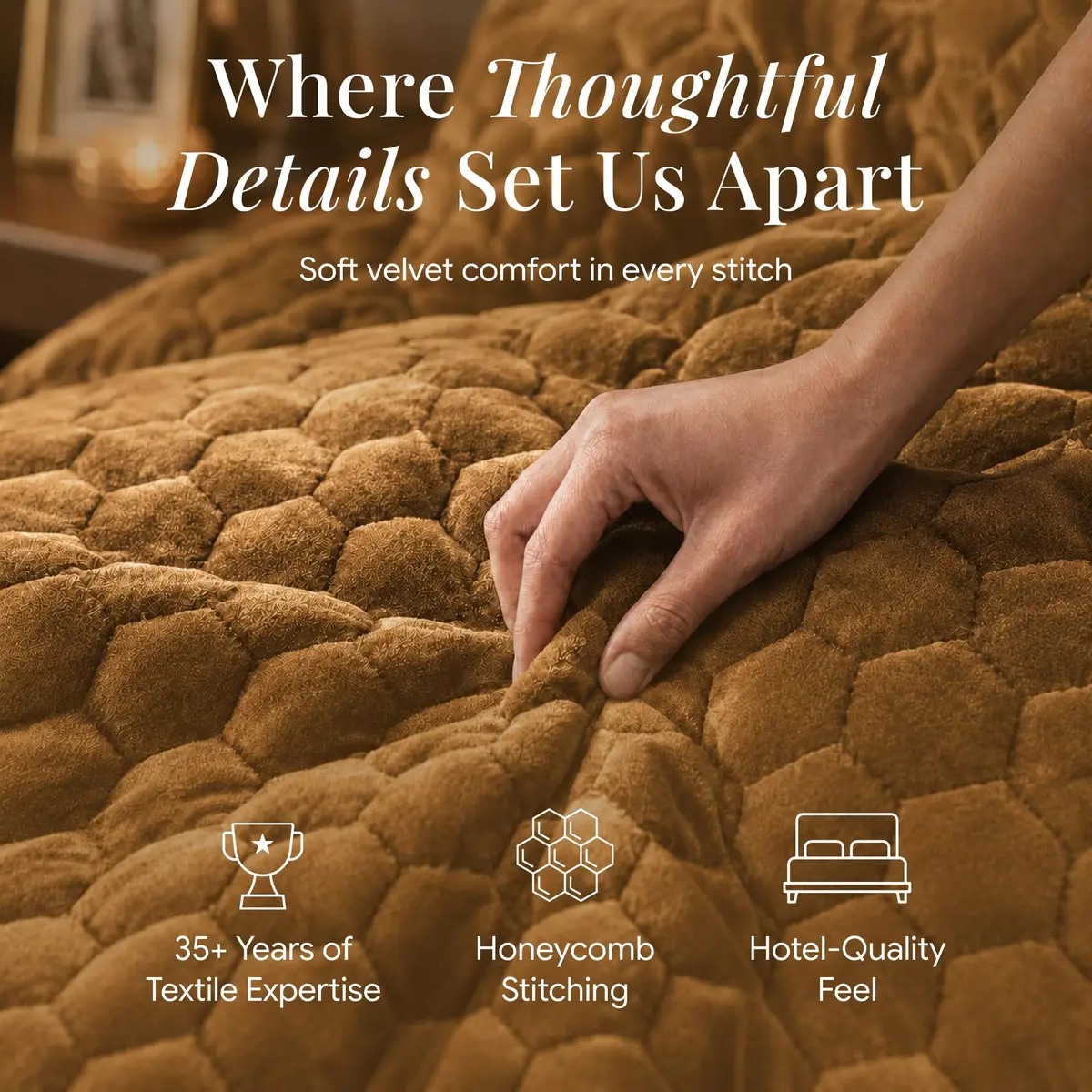 Tribeca Living Lugano Oversized Velvet Quilt Set - All Season, Queen, Honeycomb Pattern, 260GSM - view 5