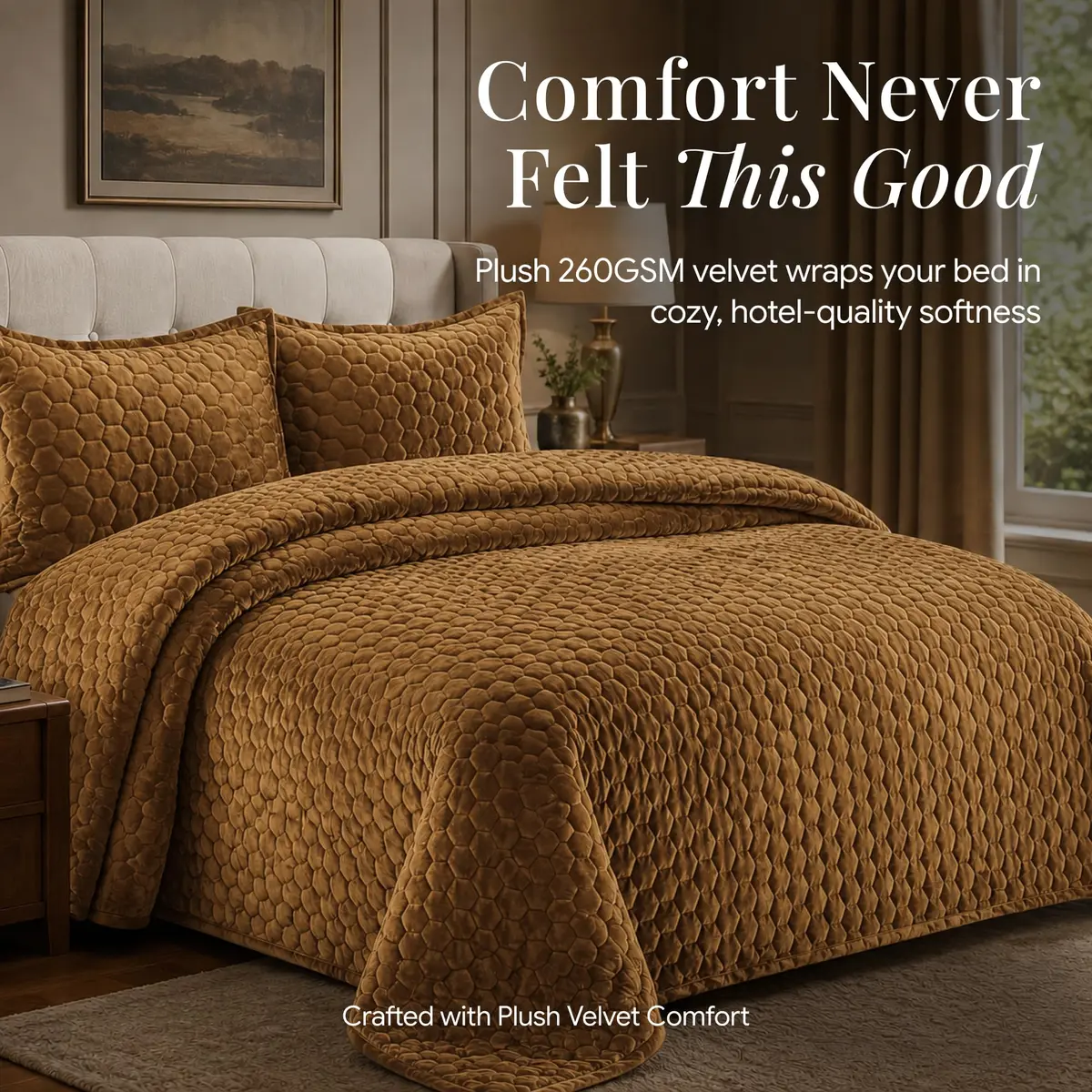 Tribeca Living Lugano Oversized Velvet Quilt Set - All Season, Queen, Honeycomb Pattern, 260GSM - view 2