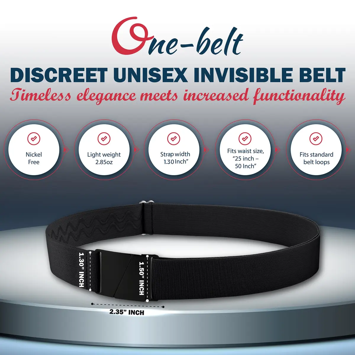 ONE-BELT No Show Invisible Elastic Belt for Women & Men 1.5 cm (1.5") Adjustable, Fits Waist up to 127 cm (50") | Flat Buckle, Hypoallergenic - view 3