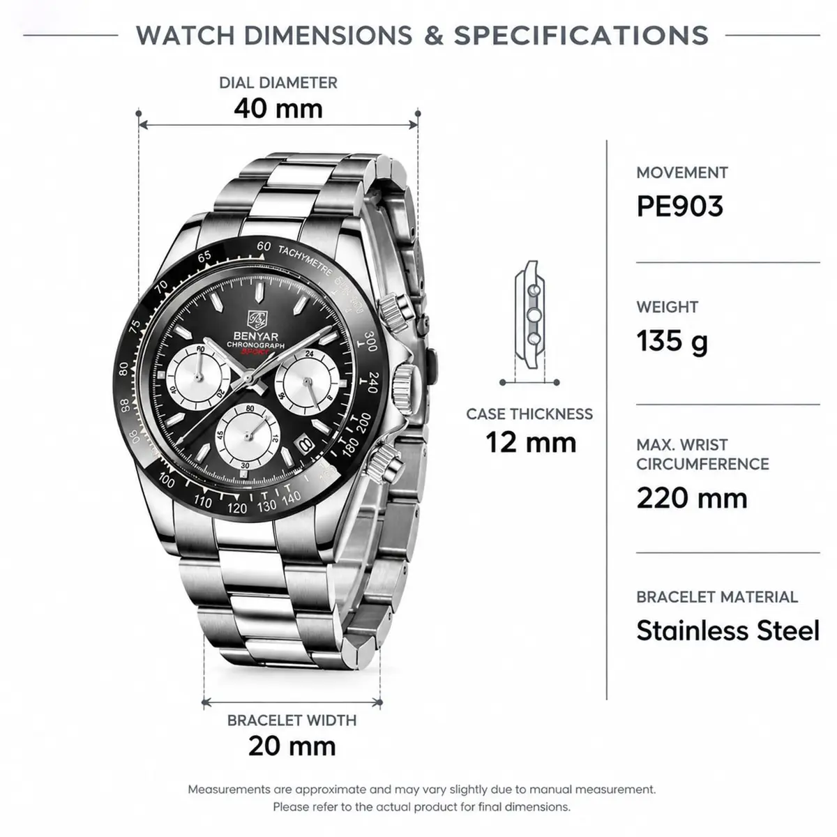 BENYAR Men's Watch Quartz Movement Wrist Watch 4.0cm Dial Diameter | Waterproof & Scratch Resistant - view 2
