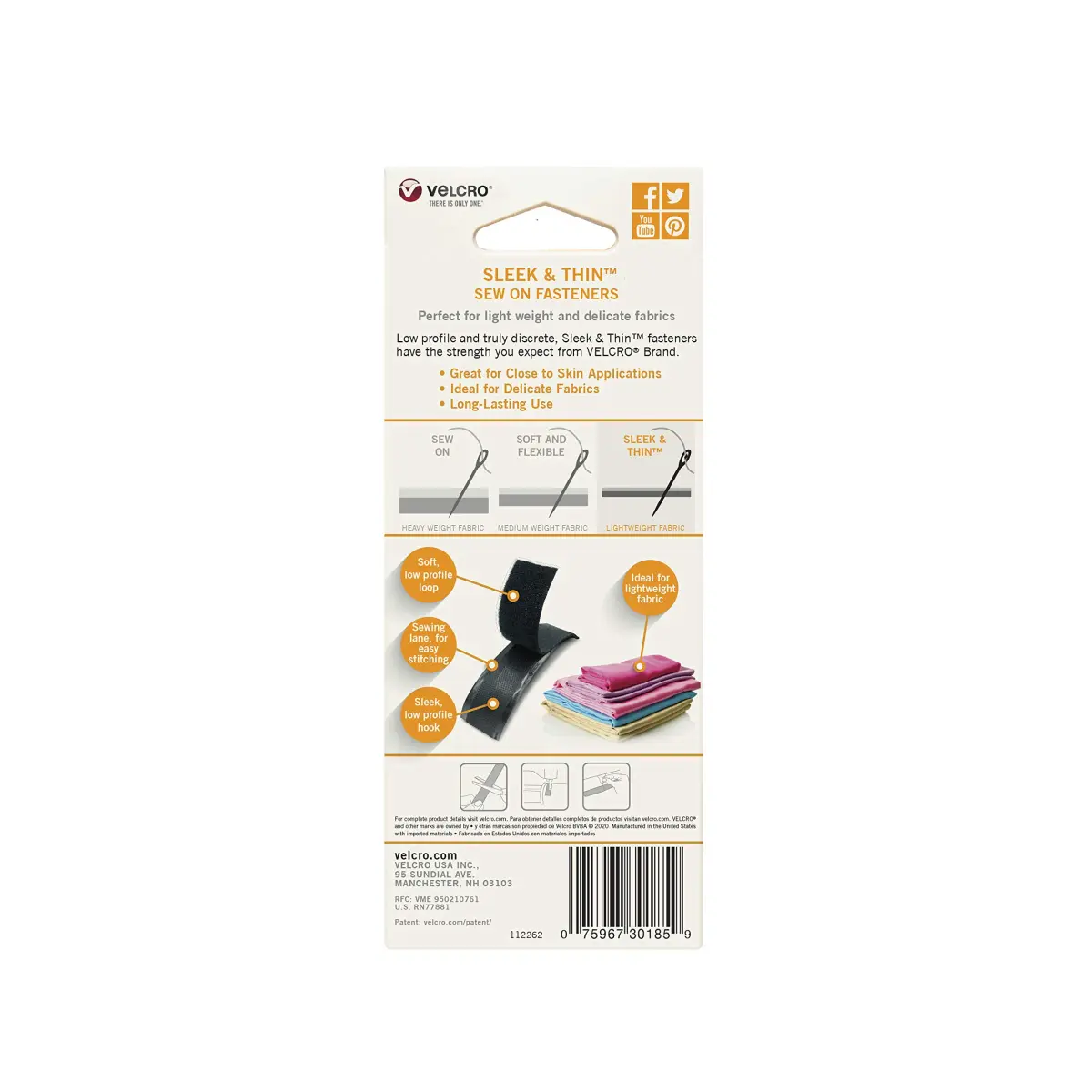 VELCRO Brand Sleek & Thin Fabric Tape, Sew On, 1.9cm (3/4in) x 1.8m (6ft), Black | Soft On Skin, Ultra Light With Sewing Lane Technology; For Clothing Alterations, Costumes And Fabric Crafts - view 6