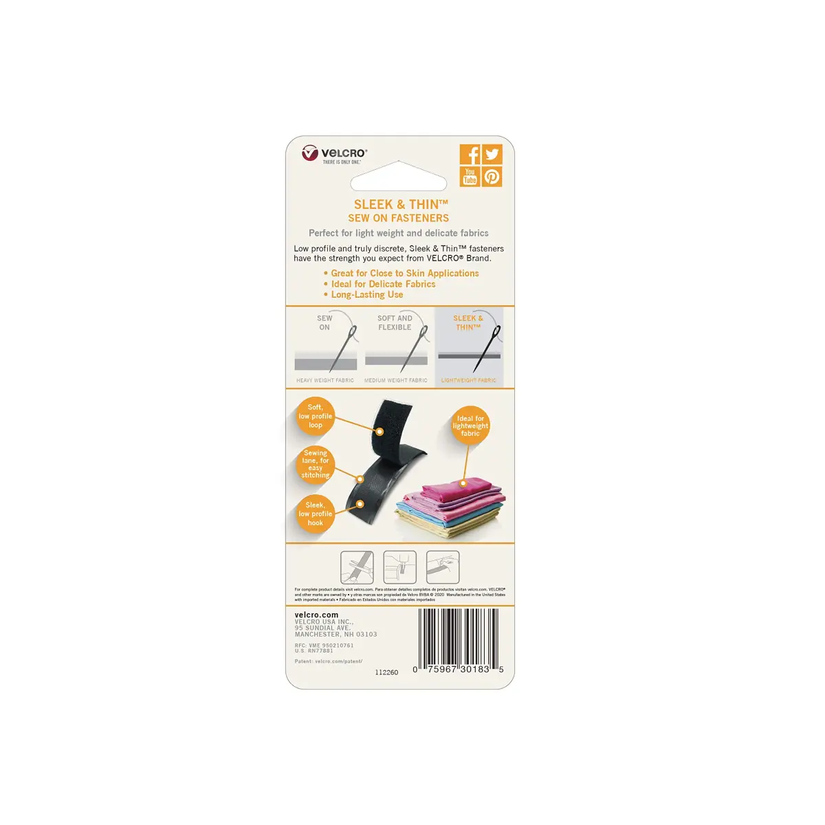 VELCRO Brand Sleek and Thin Fabric Tape, Sew On, 3 ft x 3/4 in (0.91 m x 1.9 cm), Black | Soft On Skin, Ultra Light With Sewing Lane Technology - view 6