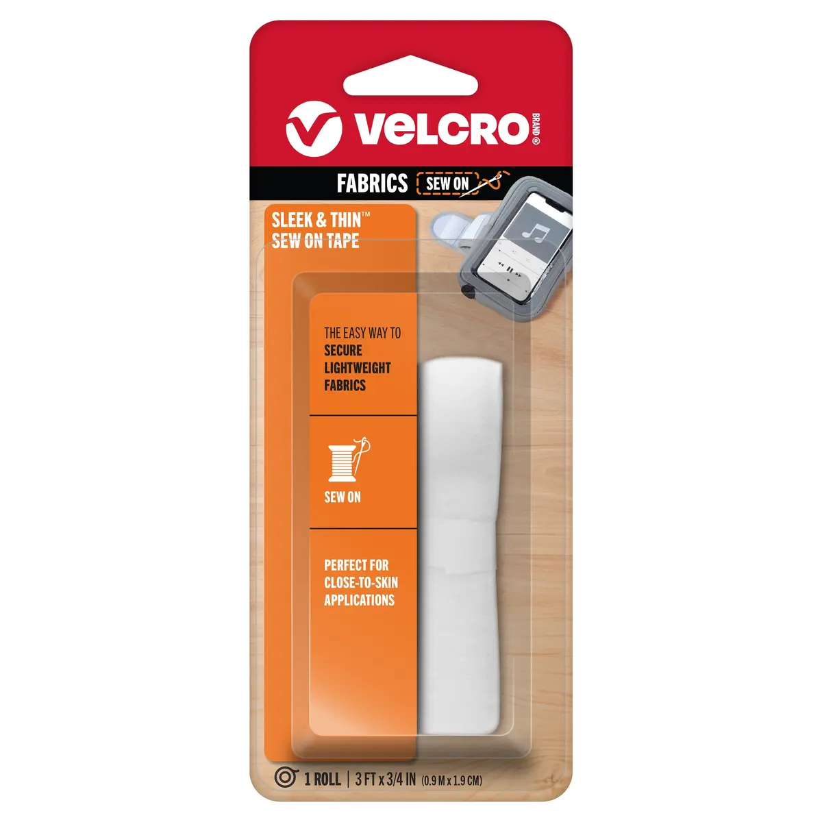 VELCRO Brand Sleek and Thin Sew On Fabric Tape 3ft x 3/4in White | Soft on Skin, Ultra Light with Sewing Lane Technology - main product image