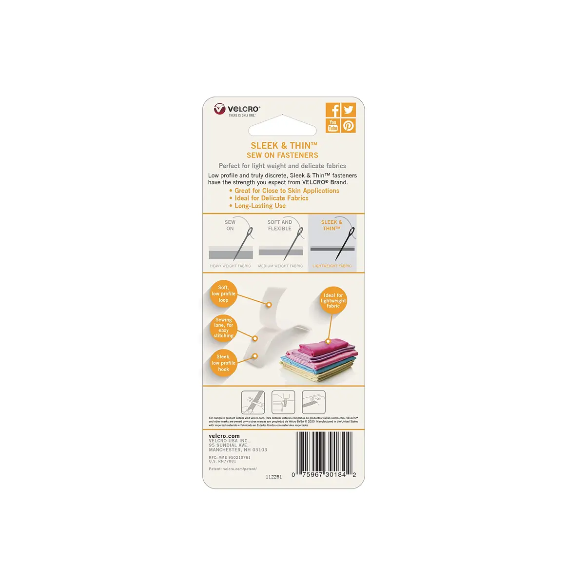 VELCRO Brand Sleek and Thin Sew On Fabric Tape 3ft x 3/4in White | Soft on Skin, Ultra Light with Sewing Lane Technology - view 6