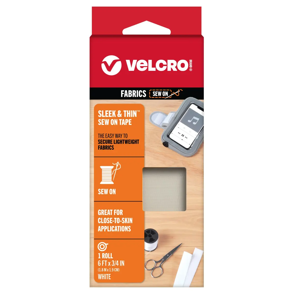VELCRO Brand Sleek and Thin Sew On Fabric Tape 3ft x 3/4in White | Soft on Skin, Ultra Light with Sewing Lane Technology - main product image