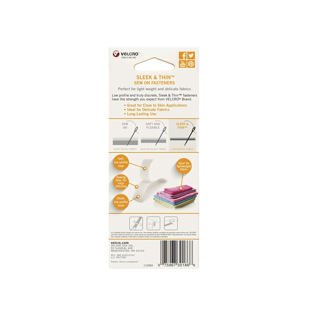 VELCRO Brand Sleek and Thin Sew On Fabric Tape 3ft x 3/4in White | Soft on Skin, Ultra Light with Sewing Lane Technology - view 6