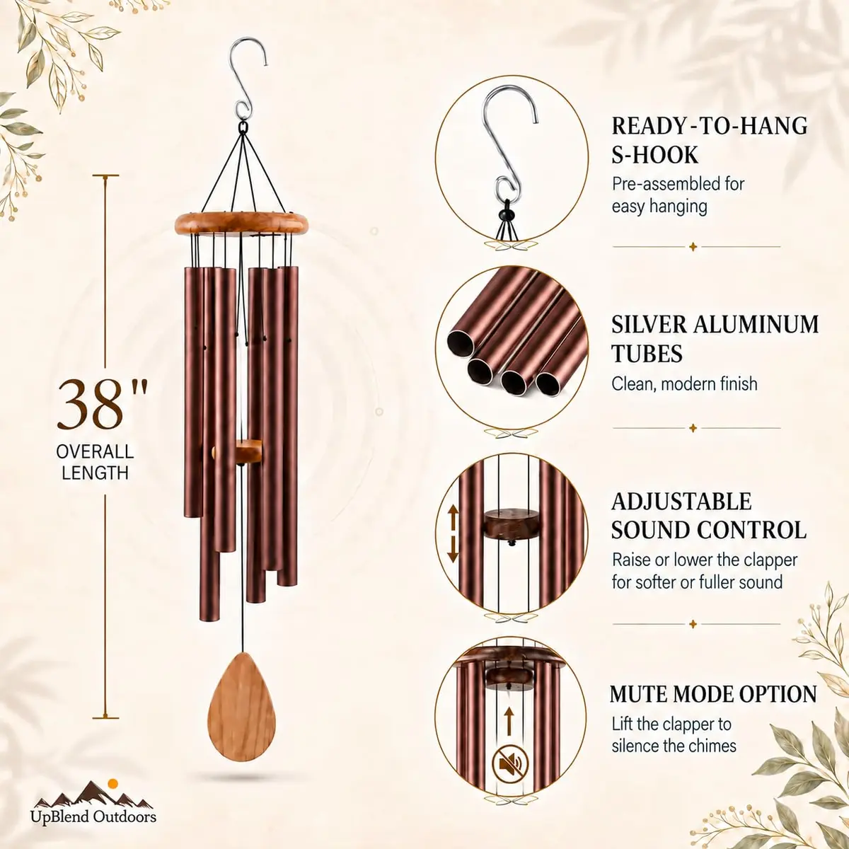 UpBlend Outdoors Havasu 38" Copper Aluminum Wind Chime | E Major Pentatonic Deep Tone - view 5