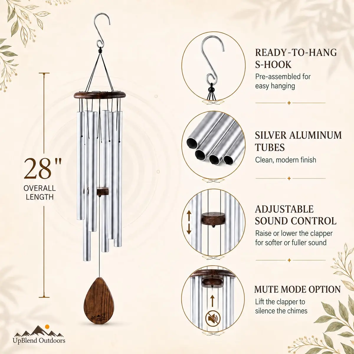 UpBlend Outdoors Havasu 28" Silver Aluminum Wind Chime | Hand-Tuned E Major Pentatonic Scale - view 3