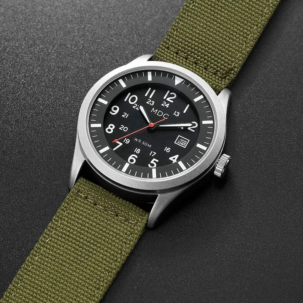 Infantry Mens Military Field Watch 40mm (1.57in) | Green Nylon Band, Easy Read Large Face, Japanese Quartz - view 5