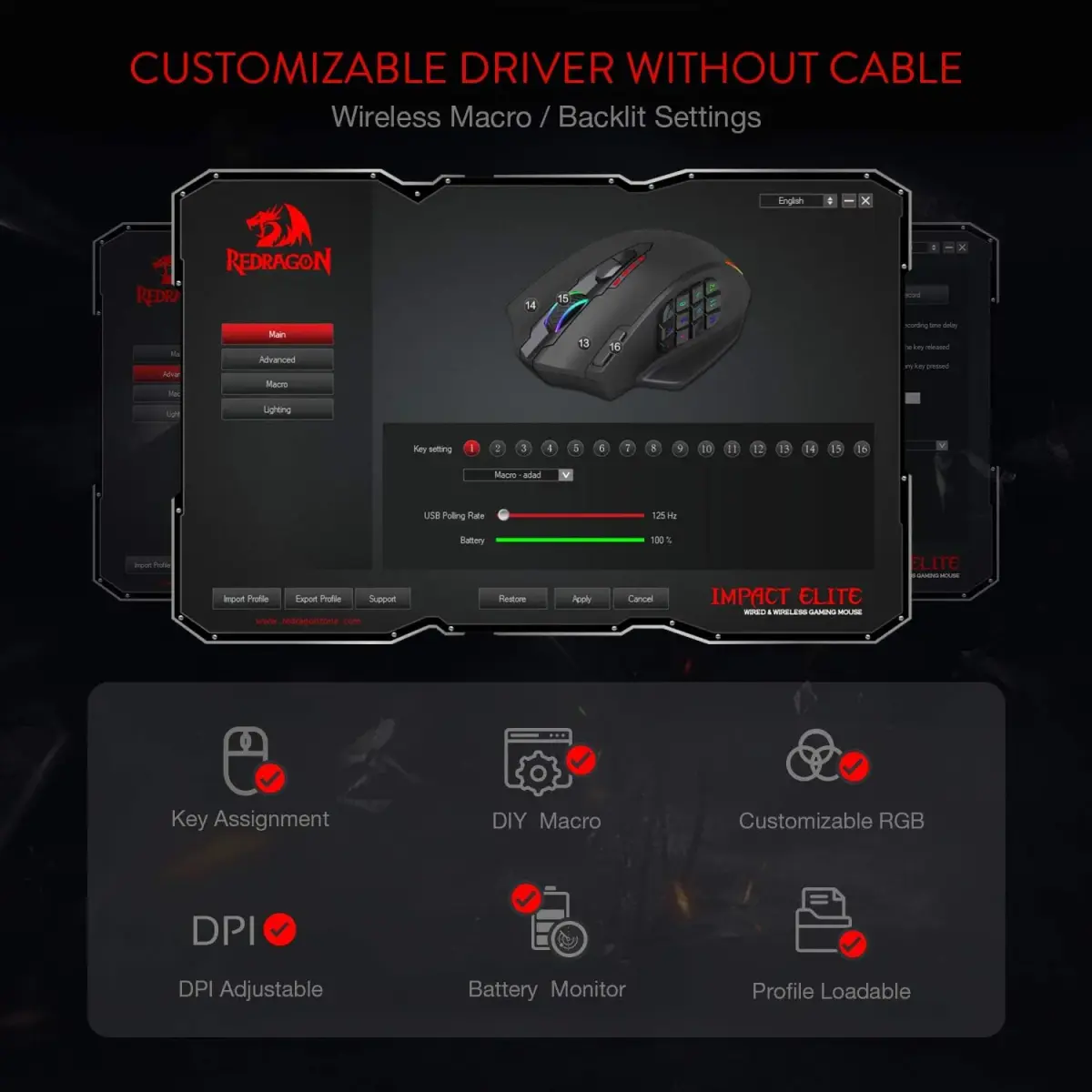 Redragon M913 Impact Elite Wireless RGB MMO Gaming Mouse 16000 DPI | 16 Programmable Buttons - view 4