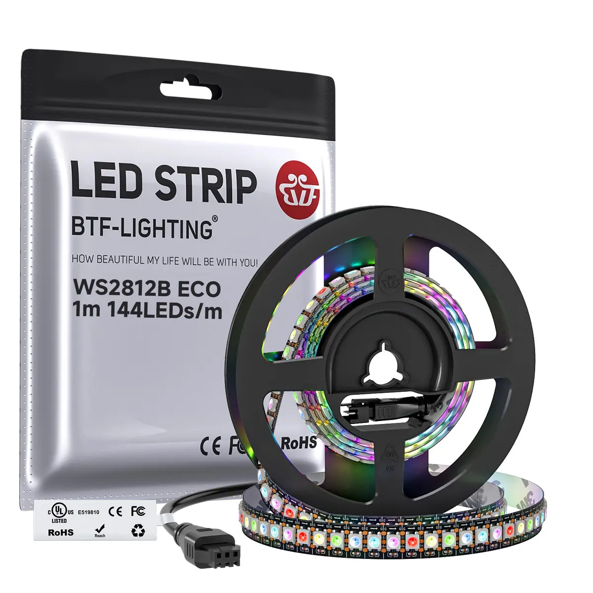 BTF-LIGHTING WS2812B IC RGB LED Strip 3.2FT 144LED IP30 | Individually Addressable & UL Listed - main product image