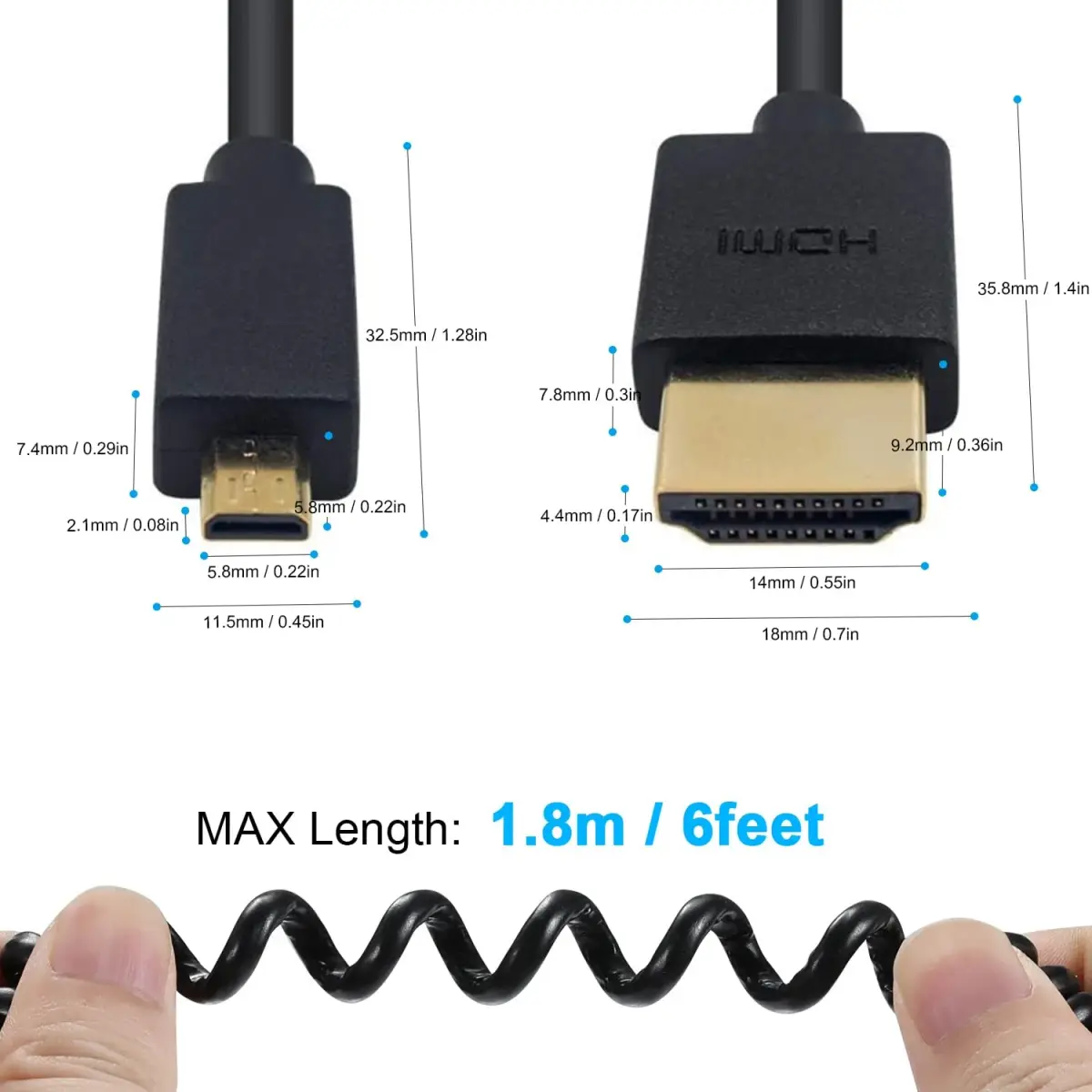 Duttek Extreme Thin Coiled Micro HDMI to HDMI Cable 1.8M (6FT) | 4K@60Hz, 18Gbps, ARC - view 6