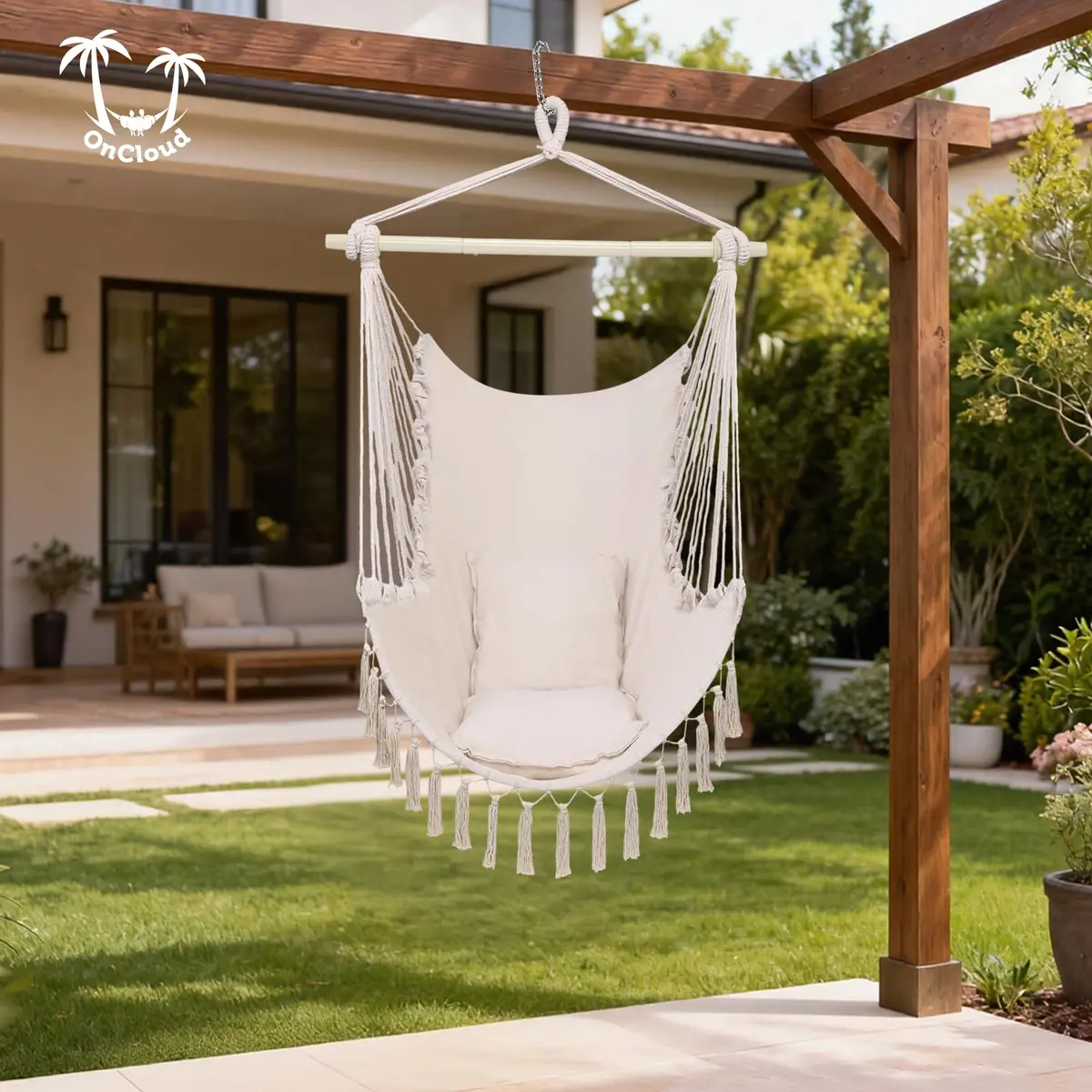 ONCLOUD XXL Hammock Chair Macrame Hanging Rope Swing Seat | 350 lbs Capacity, Beige - view 6