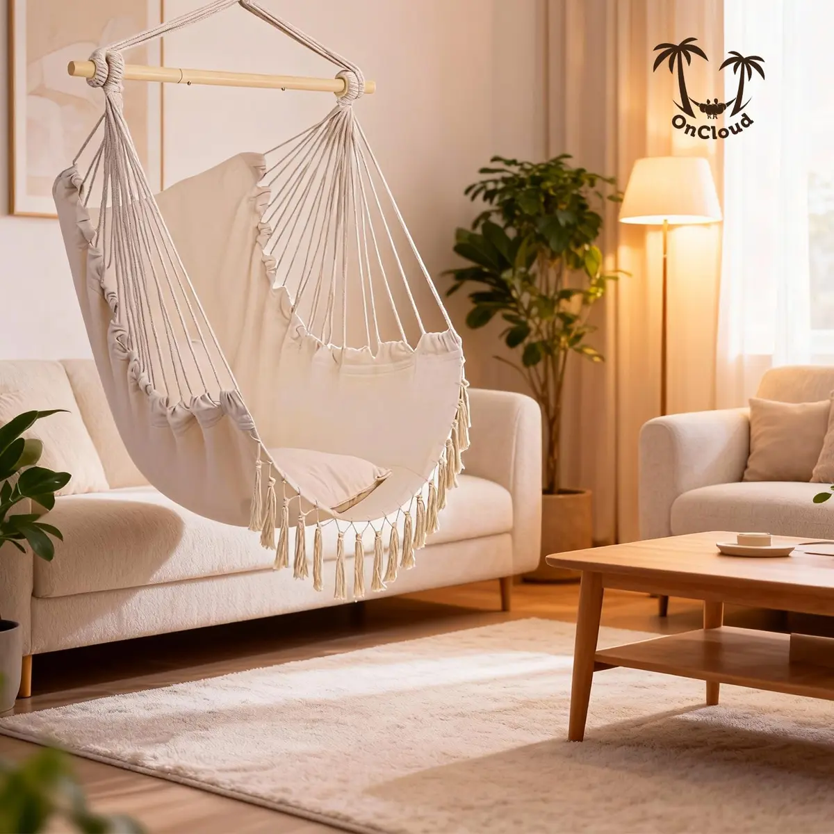 ONCLOUD XXL Hammock Chair Macrame Hanging Rope Swing Seat | 350 lbs Capacity, Beige - view 9