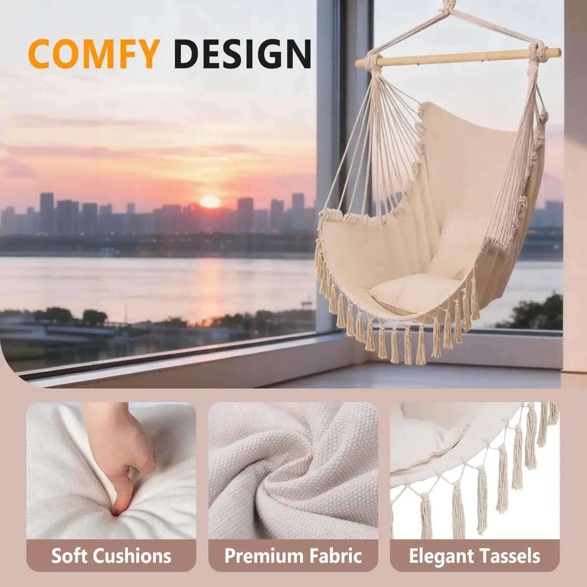 ONCLOUD XXL Hammock Chair Macrame Hanging Rope Swing Seat | 350 lbs Capacity, Beige - view 2