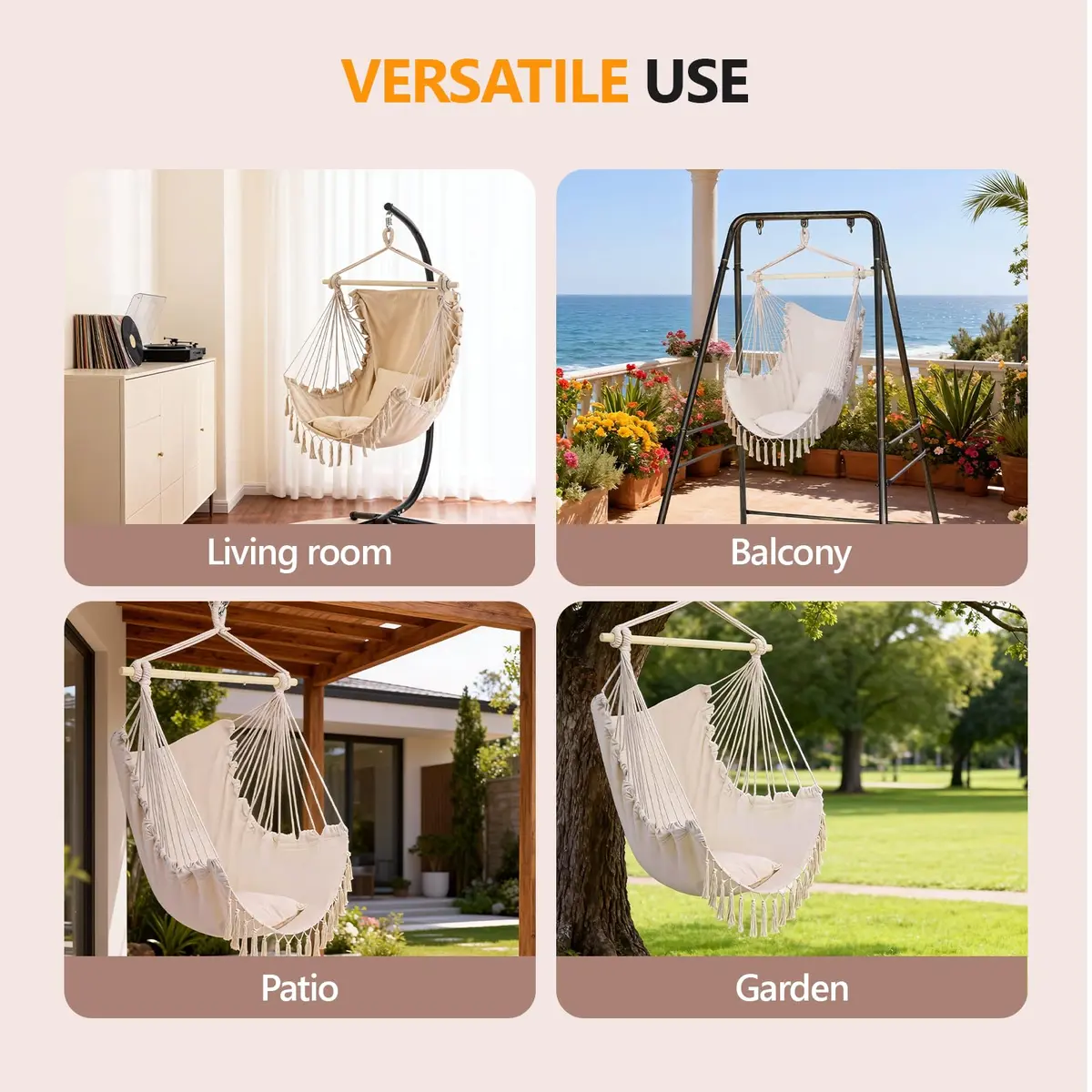 ONCLOUD XXL Hammock Chair Macrame Hanging Rope Swing Seat | 350 lbs Capacity, Beige - view 4