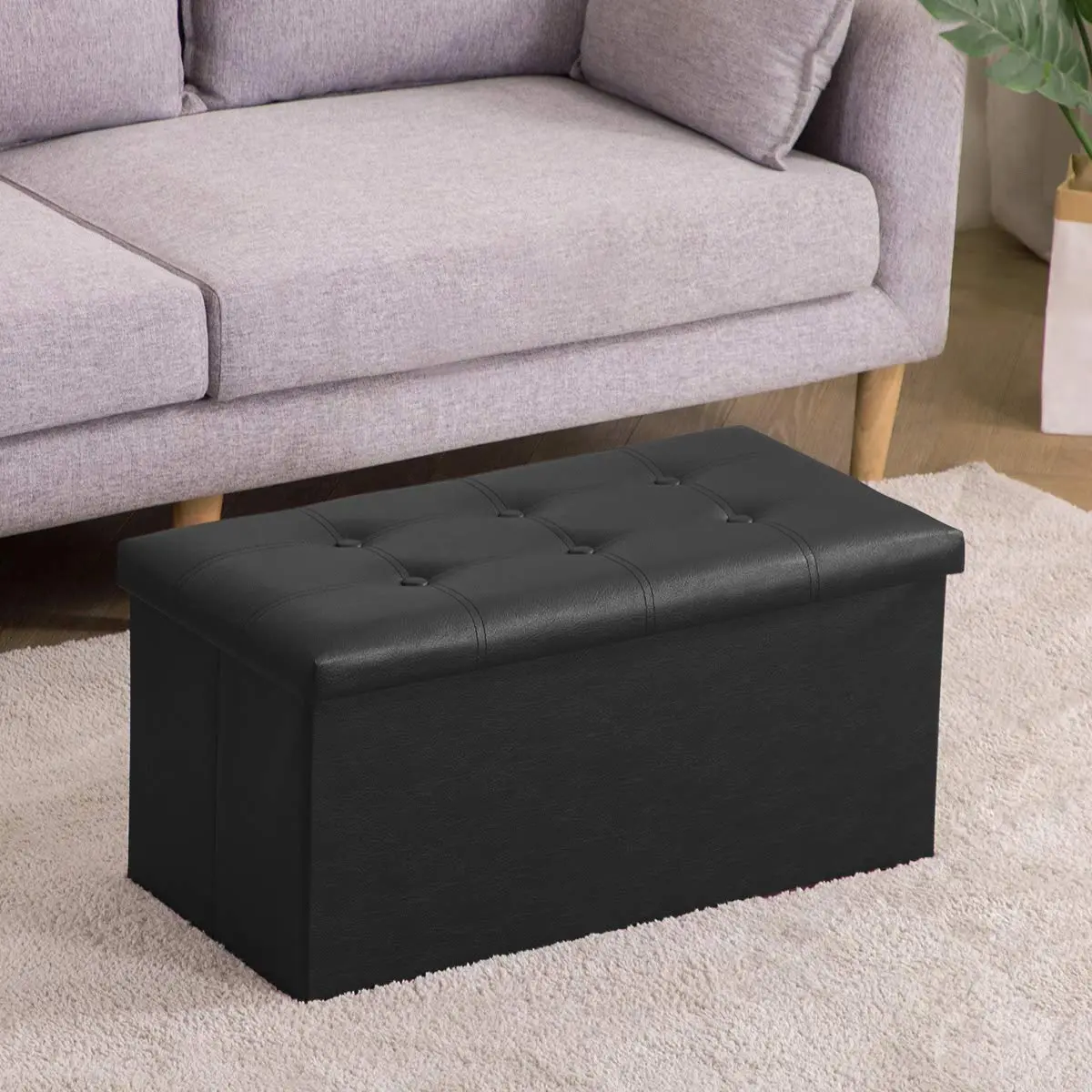 Youdesure Folding Storage Ottoman Bench Black Faux Leather 76cm (30 inch) | Multi-Functional Storage & Seating - view 2