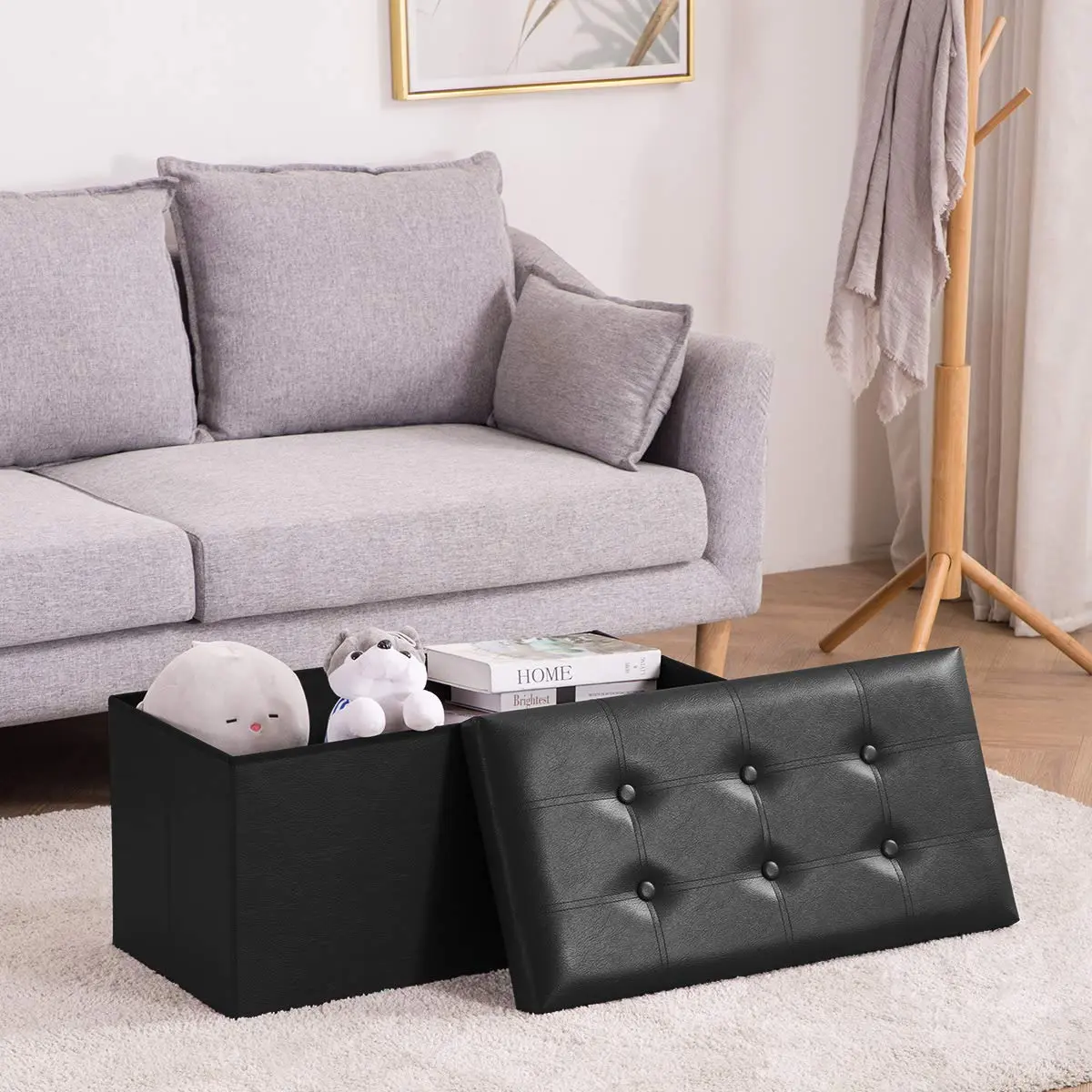 Youdesure Folding Storage Ottoman Bench Black Faux Leather 76cm (30 inch) | Multi-Functional Storage & Seating - view 4