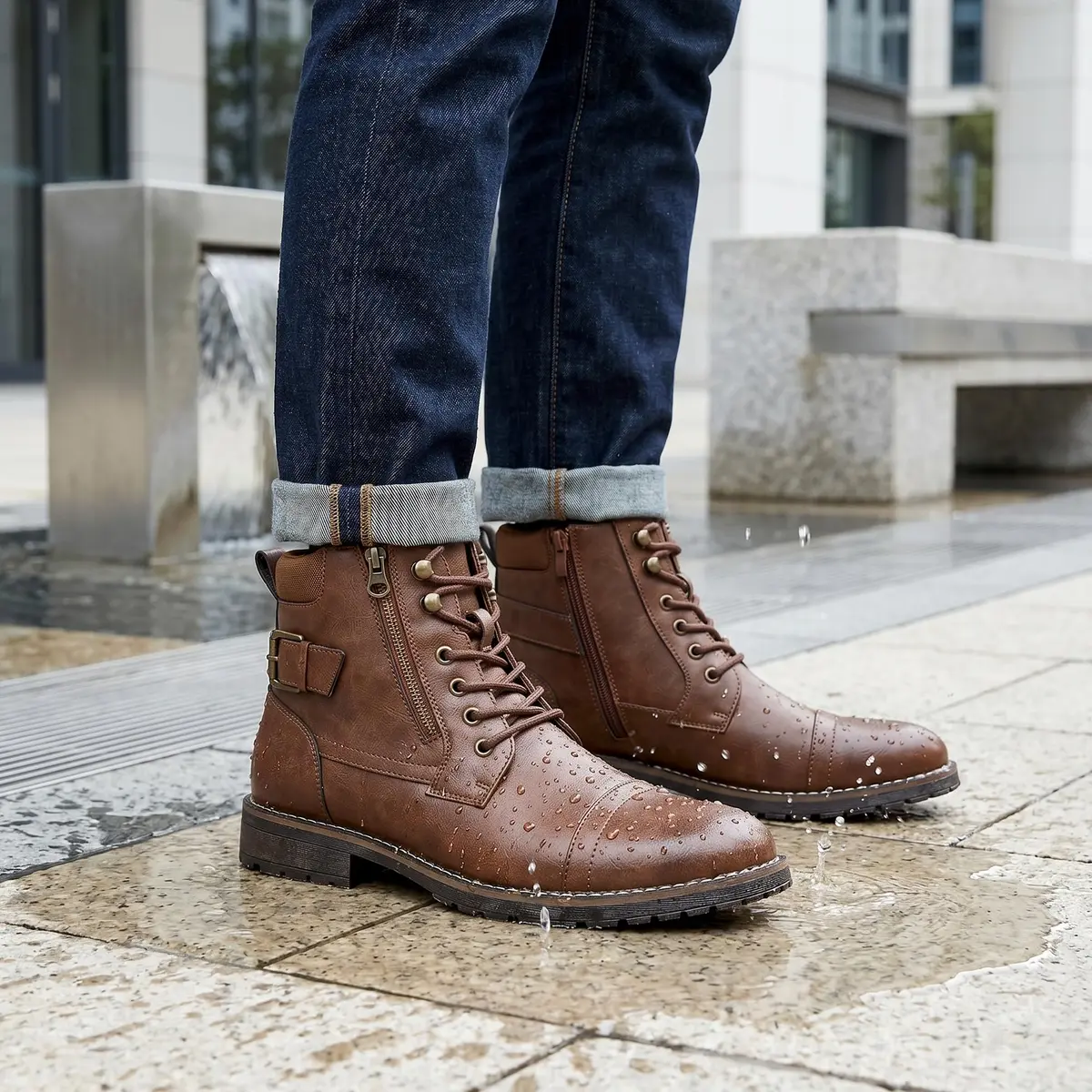 Vostey Men's Motorcycle Boots 678A Dark Brown 13 | Waterproof Riding Boots with Inside Zipper - view 6