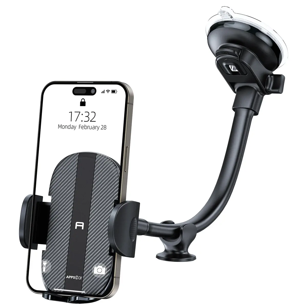 APPS2Car Gooseneck Car Phone Holder Dashboard Windshield Mount Flexible Arm with 360° Swivel Tilt Cradle Grip | 10.4cm (4.1in) Max Width - main product image
