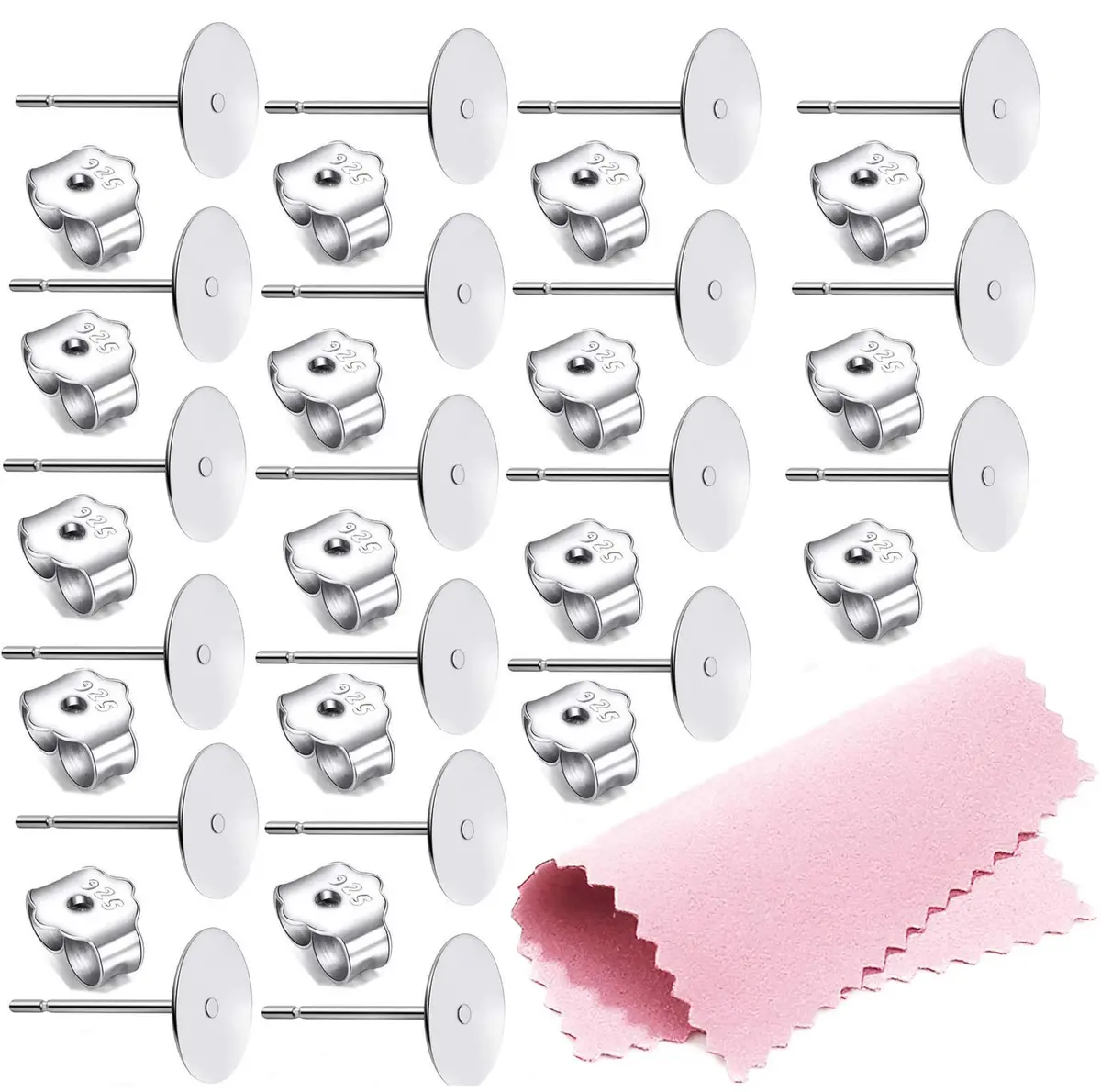 Moonear 925 Sterling Silver Earrings Posts Flat Pad Earring Studs with Butterfly Backs (6mm Pad, 25 Pairs) - main product image