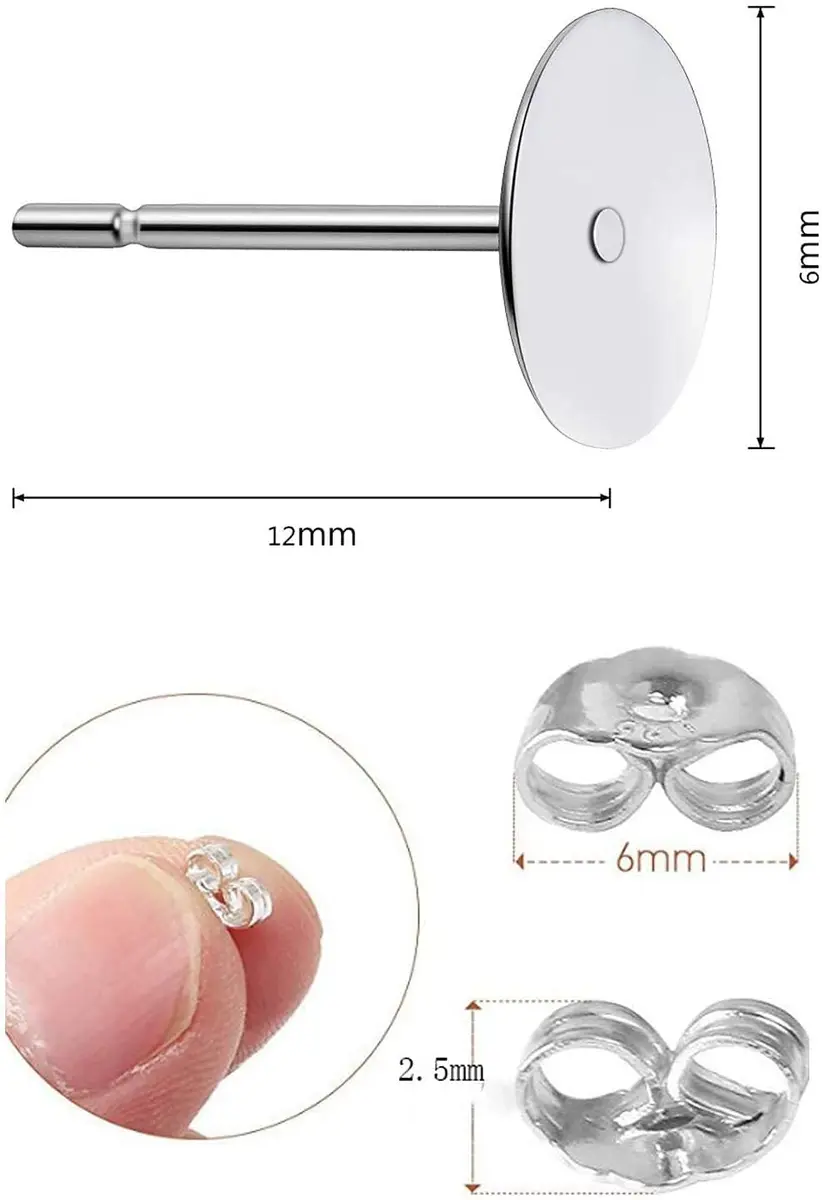 Moonear 925 Sterling Silver Earrings Posts Flat Pad Earring Studs with Butterfly Backs (6mm Pad, 25 Pairs) - view 5