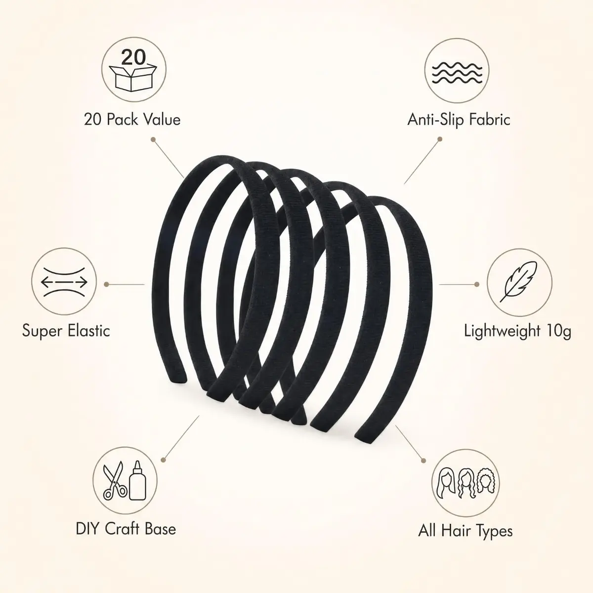 Lawie 20 Pack 0.6 Inch Black Cloth Headbands | Unisex Thin Plastic Hair Hoop for Women Girls - view 3