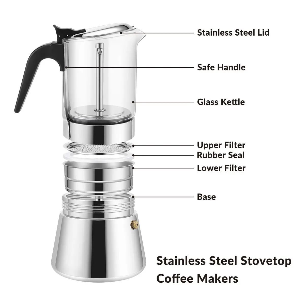 Geesta 6 Cup Stainless Steel Stovetop Espresso Moka Pot | 240ml (8.5oz) for Rich Coffee - view 3