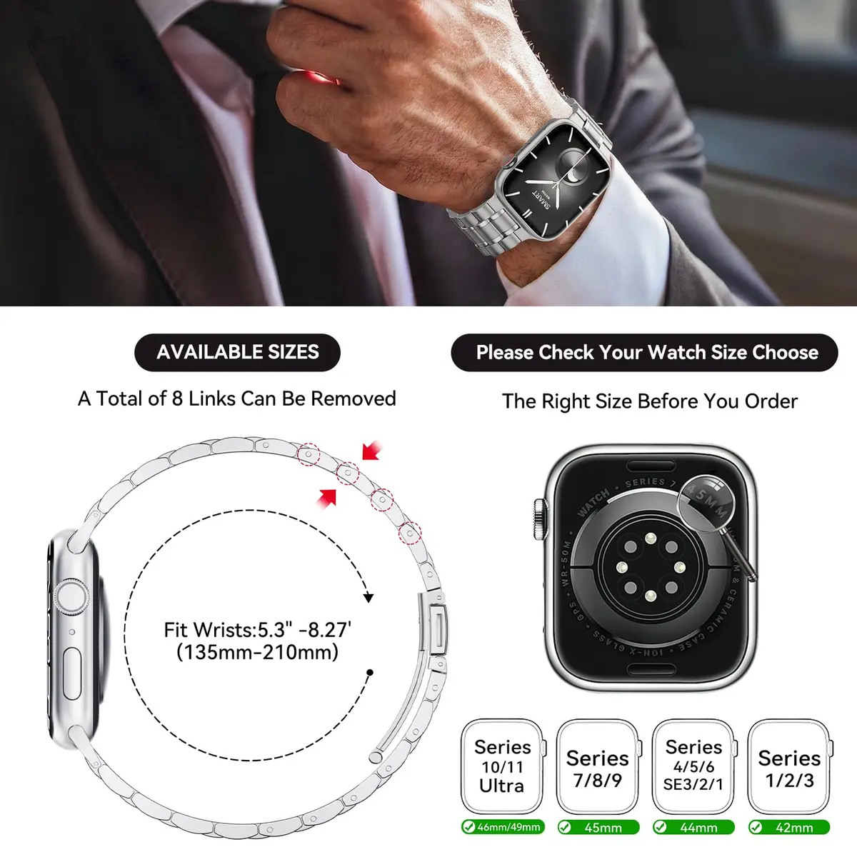 Bestig Stainless Steel Metal Band Compatible with Apple Watch Series 1-11, Ultra 3/2/1, SE 3/2/1 (42mm/44mm/45mm/46mm/49mm) | Adjustable Link Bracelet - view 6