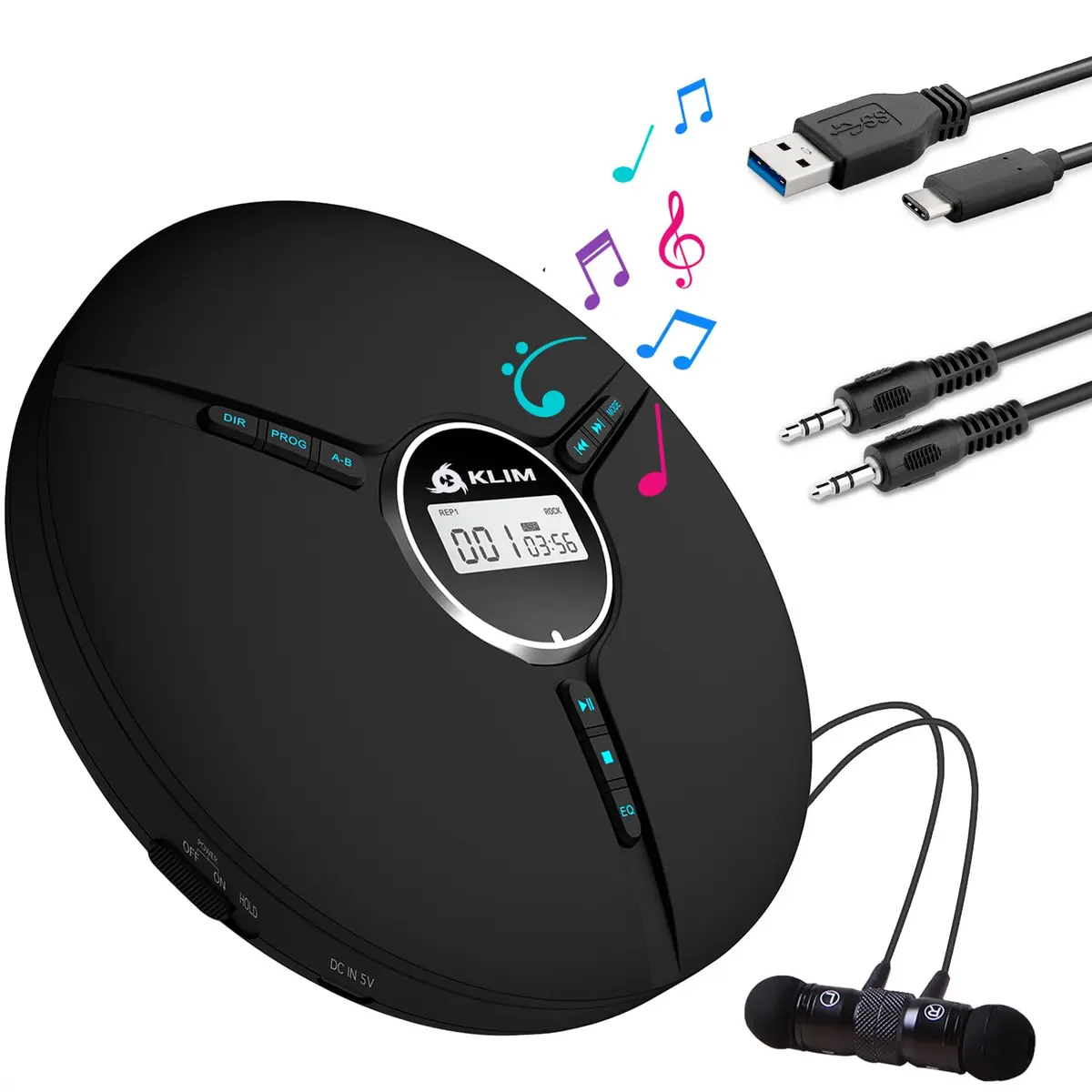 KLIM Discman Portable CD Player with Headphones, Built-in Battery, 14-Hour Playtime | Black - main product image