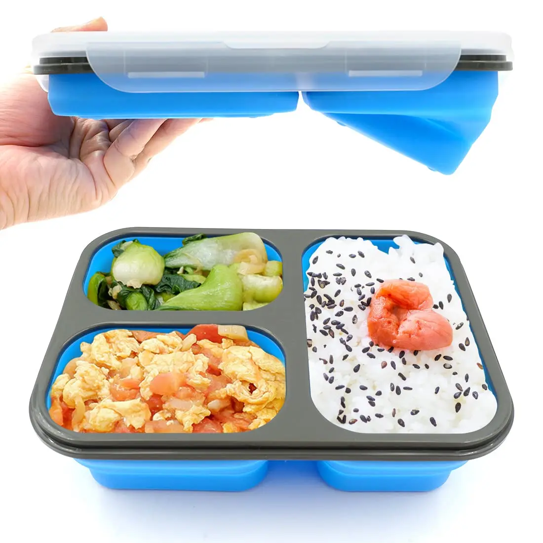 fancyfree Collapsible Silicone Benton Container, Leakproof Lunch Box with 3 Compartments, BPA Free Food Storage (Blue) | Space-Saving & Safe - main product image
