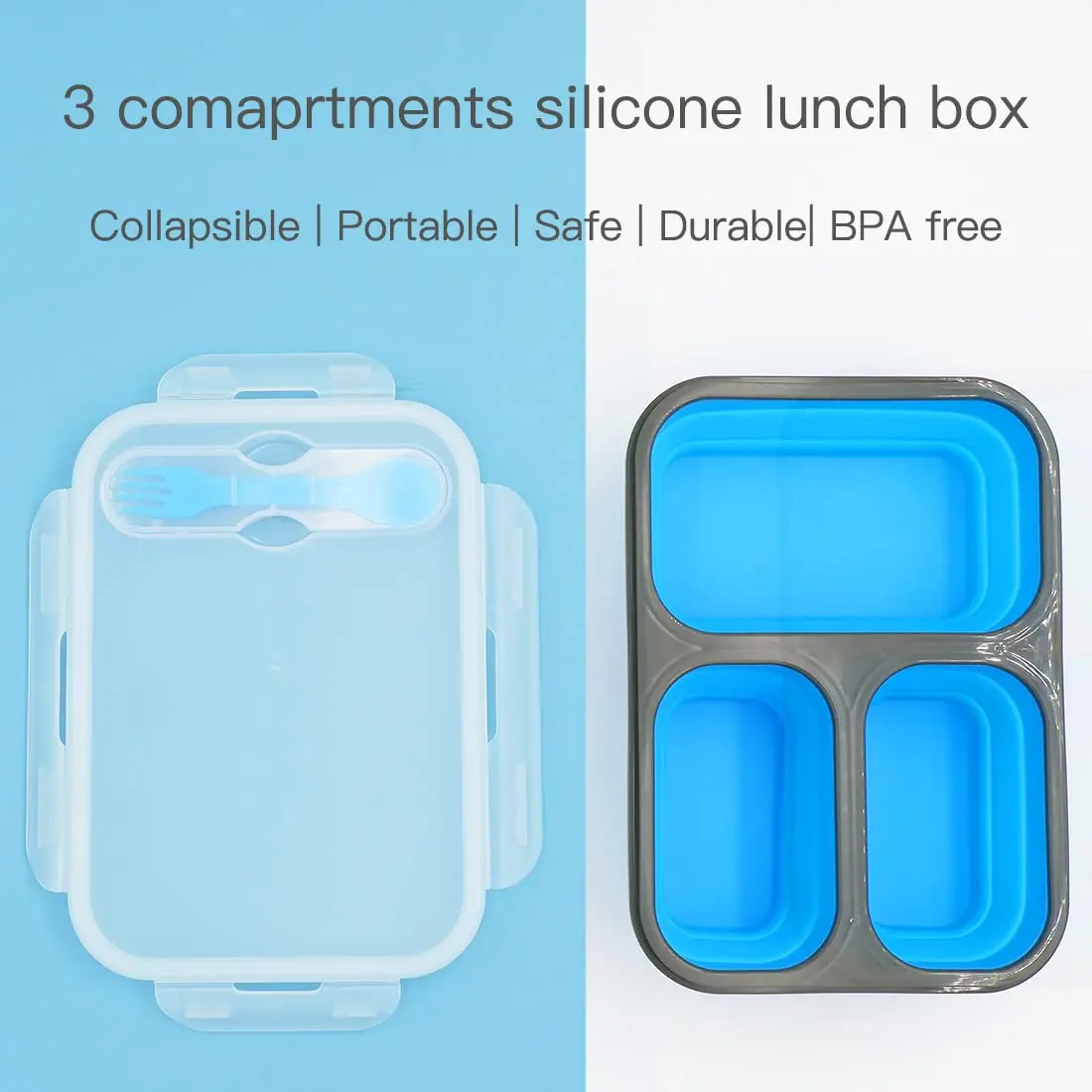 fancyfree Collapsible Silicone Benton Container, Leakproof Lunch Box with 3 Compartments, BPA Free Food Storage (Blue) | Space-Saving & Safe - view 5