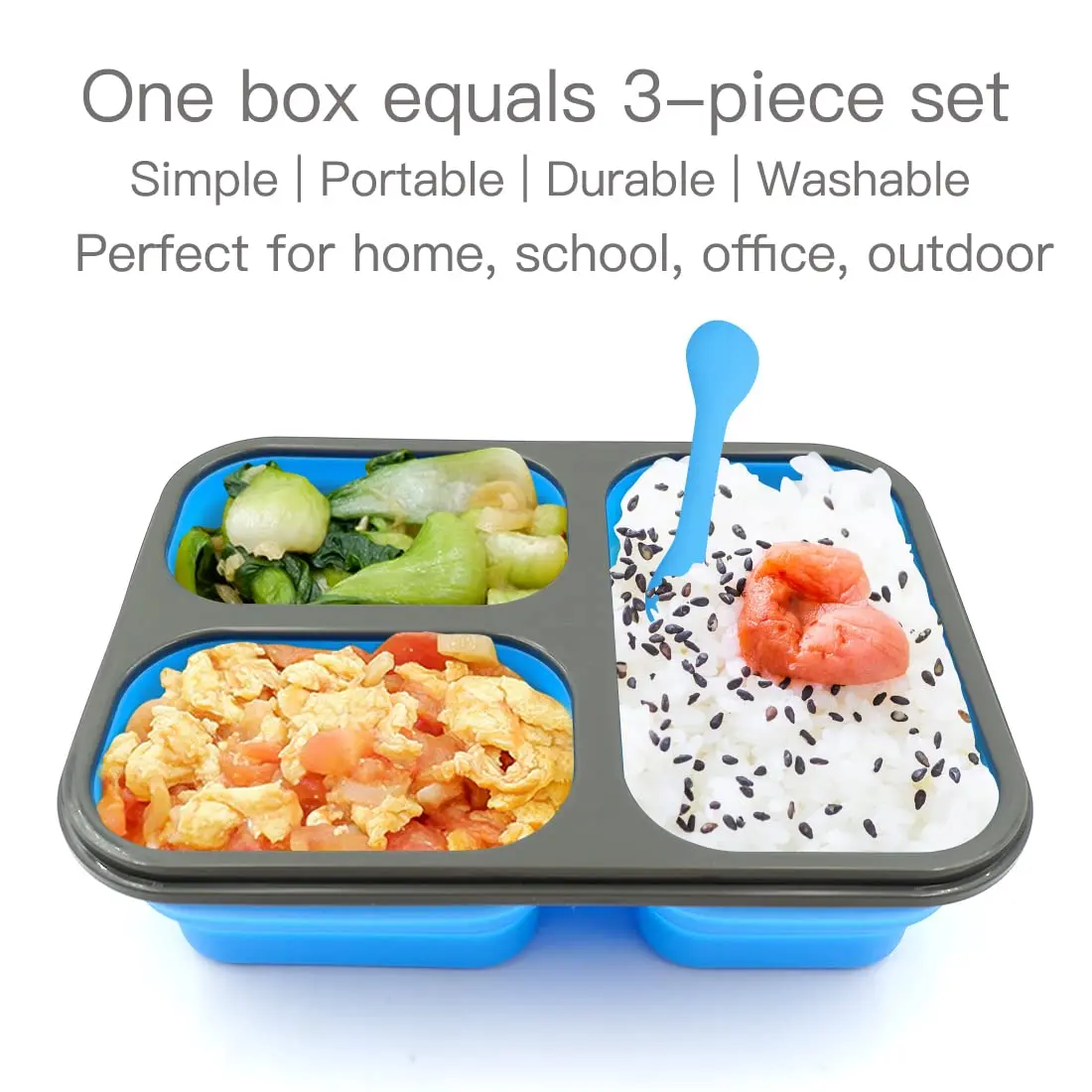 fancyfree Collapsible Silicone Benton Container, Leakproof Lunch Box with 3 Compartments, BPA Free Food Storage (Blue) | Space-Saving & Safe - view 7