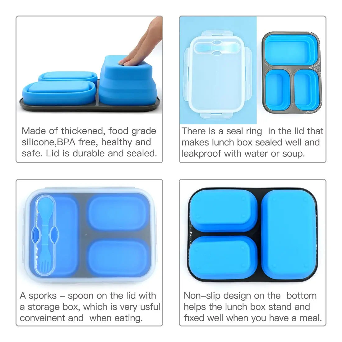 fancyfree Collapsible Silicone Benton Container, Leakproof Lunch Box with 3 Compartments, BPA Free Food Storage (Blue) | Space-Saving & Safe - view 3