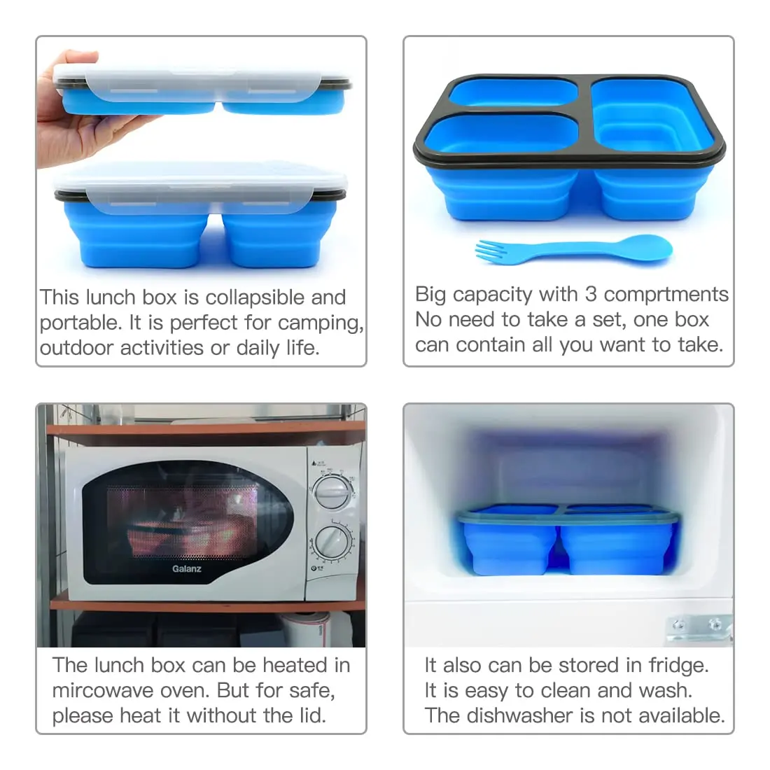 fancyfree Collapsible Silicone Benton Container, Leakproof Lunch Box with 3 Compartments, BPA Free Food Storage (Blue) | Space-Saving & Safe - view 4