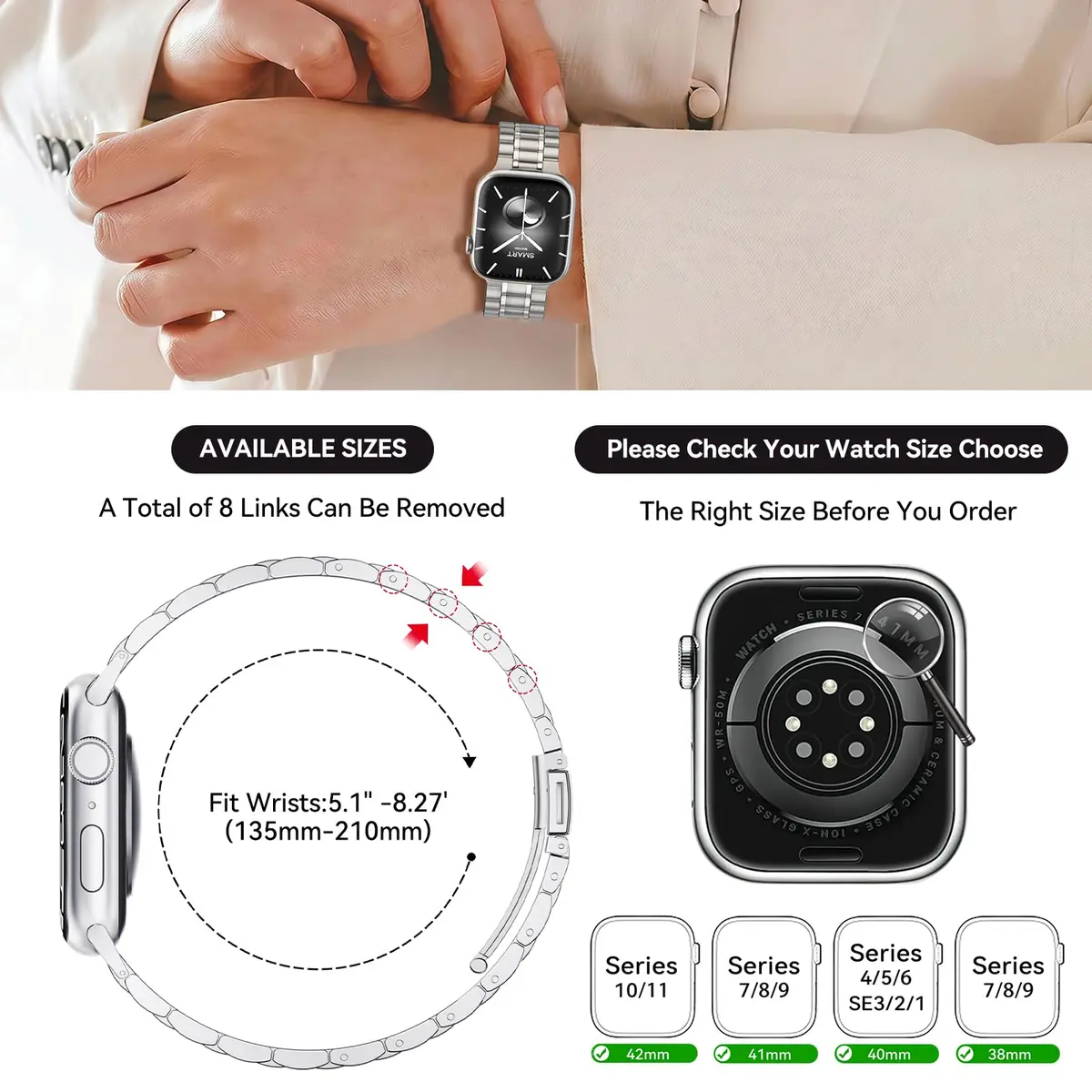 Bestig Metal Band Compatible with Apple Watch Series 11/10/9/8/7/6/5/4/SE 38mm-42mm | Dressier Stainless Steel - view 6