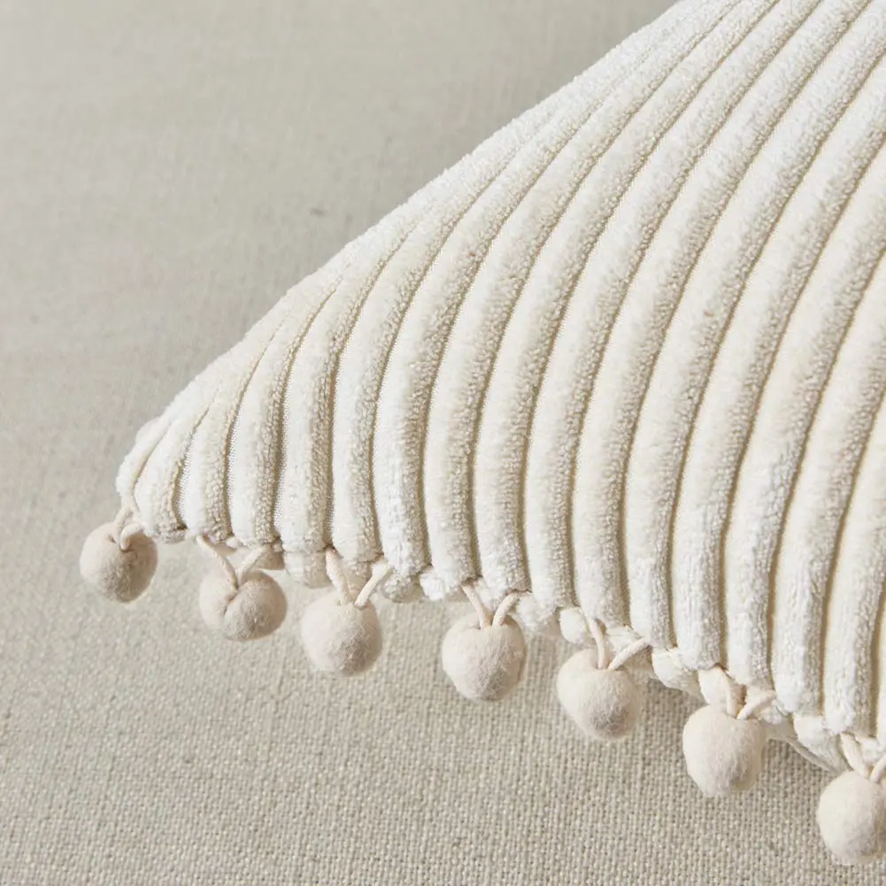 Fancy Homi Boho Decorative Throw Pillow Covers with Pom-poms, Soft Corduroy Accent Solid Square Cushion Case Set for Couch Sofa Bedroom Car Living Room (2-Pack, 18x18 Inch / 45x45 cm, Cream) - view 4