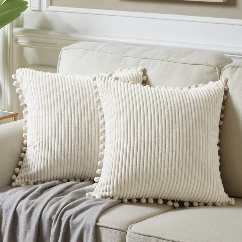 Fancy Homi Boho Decorative Throw Pillow Covers with Pom-poms, Soft Corduroy Accent Solid Square Cushion Case Set for Couch Sofa Bedroom Car Living Room (20x20 Inch/50.8x50.8 cm, Cream) | Pack of 2 - main product image